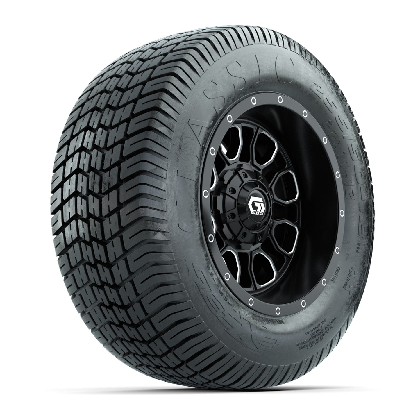 GTW® Volt Black/Machined 12 in Wheels with 255/50-12 Excel Classic Street Tires – Full Set