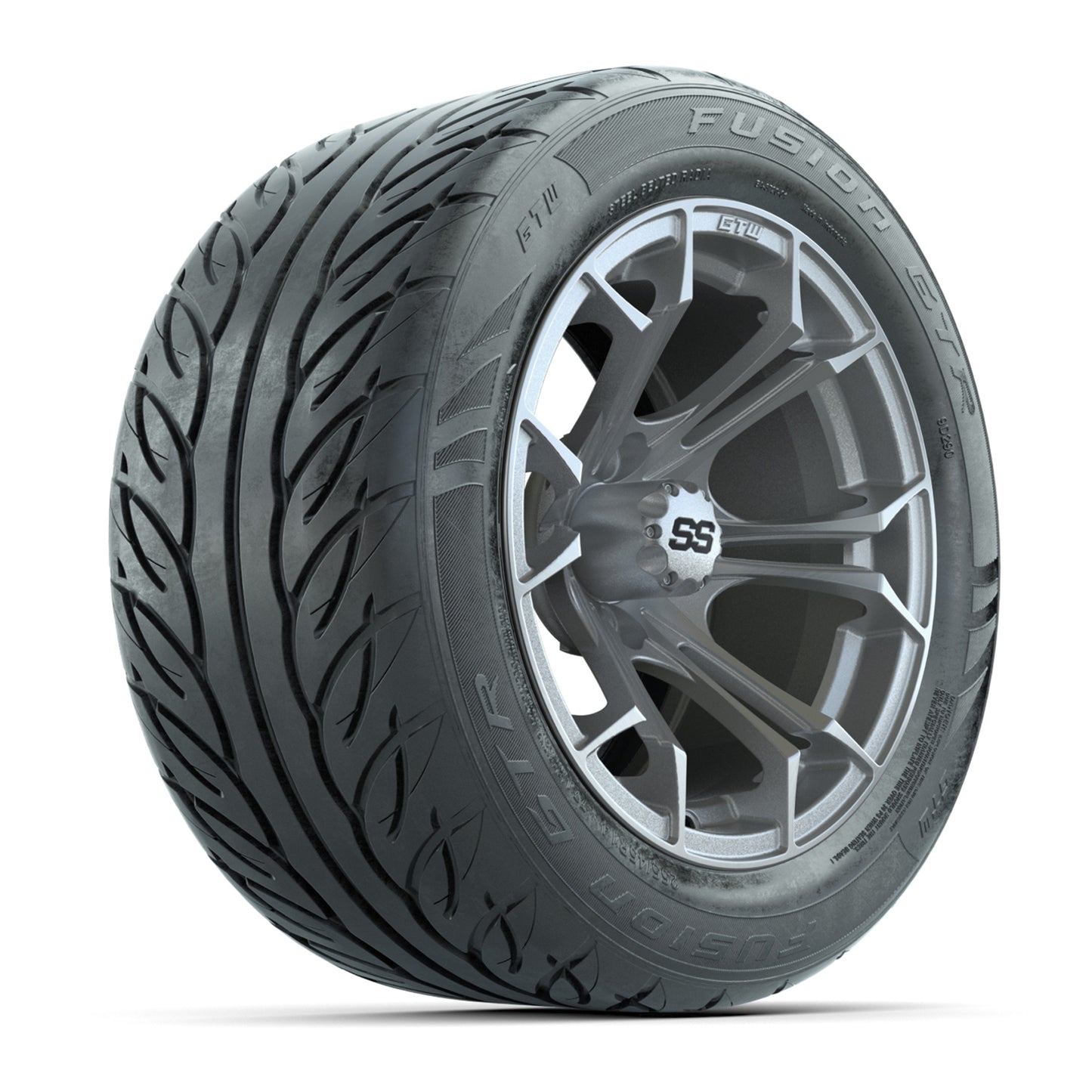 GTW® Spyder Silver Brush 14 in Wheels with 255/45-R14 Fusion GTR Steel Belt Radial Street Tires – Full Set