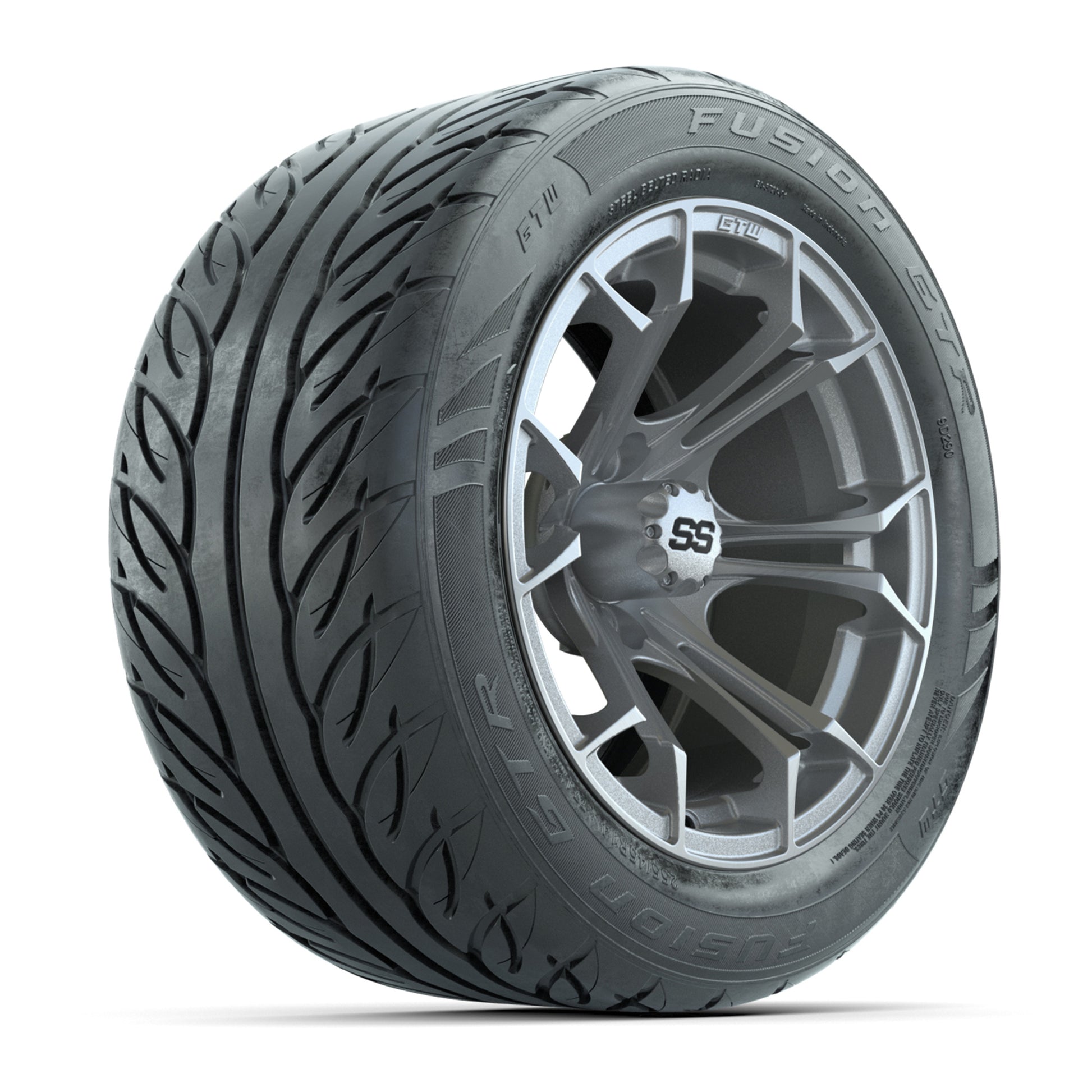 GTW® Spyder Silver Brush 14 in Wheels with 255/45-R14 Fusion GTR Steel Belt Radial Street Tires – Full Set