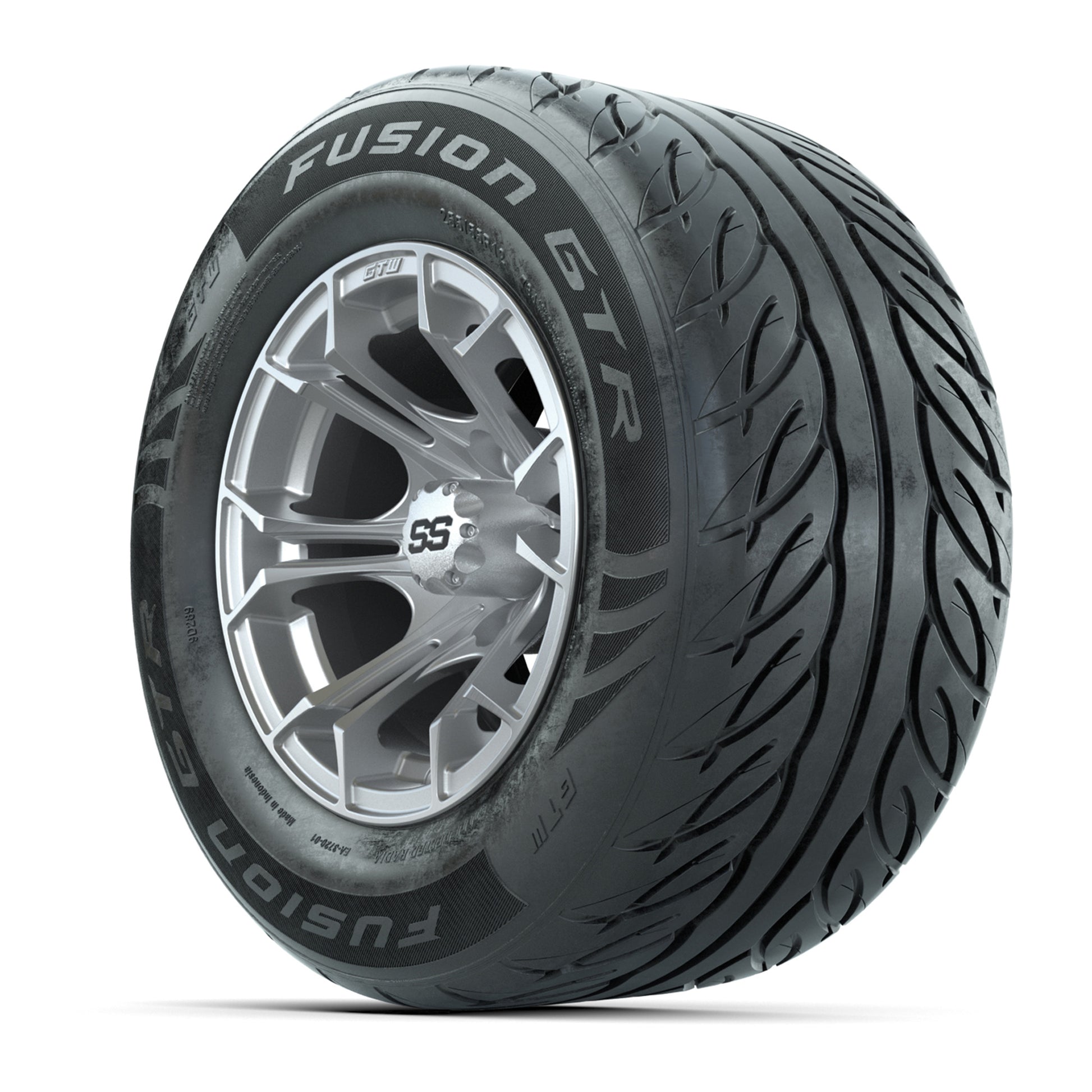 GTW® Spyder Silver Brush 12 in Wheels with 255/55-R12 Fusion GTR Steel Belt Radial Street Tires – Full Set
