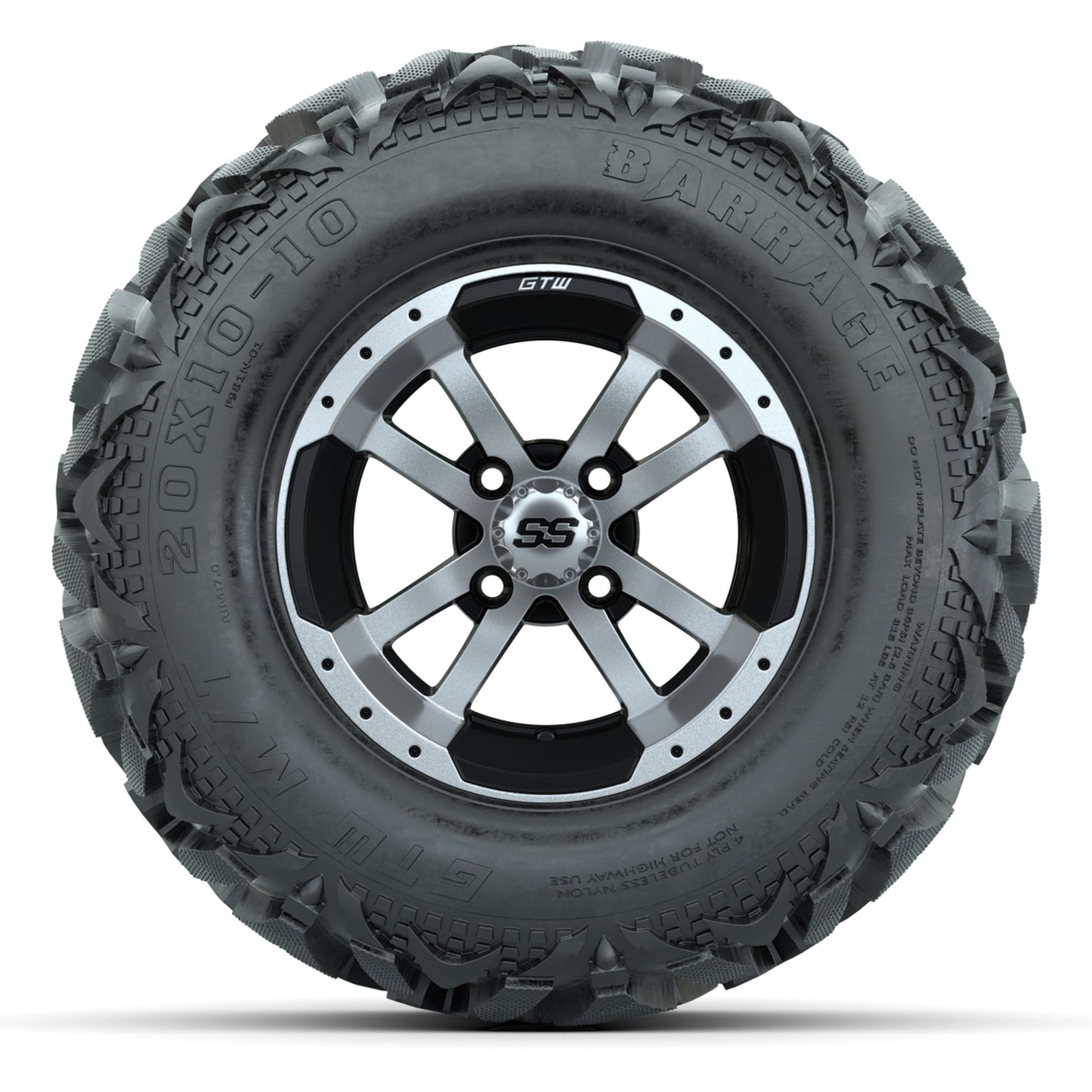 GTW Storm Trooper Black/Machined 10 in Wheels with 20x10-10 Barrage Mud Tires – Full Set