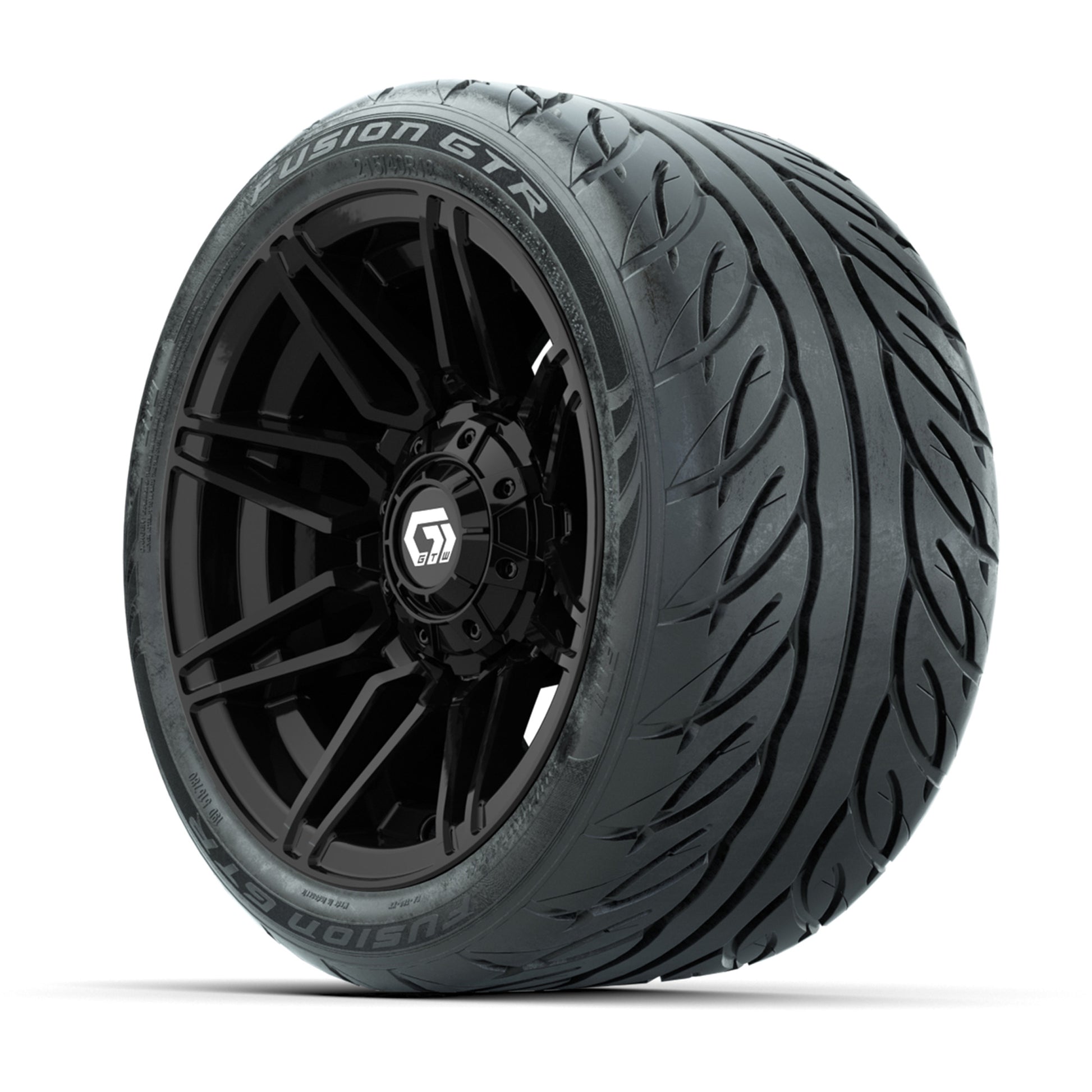 GTW® Stealth Gloss Black 12 in Wheels with 215/40-R12 Fusion GTR Steel Belt Radial Street Tires – Full Set