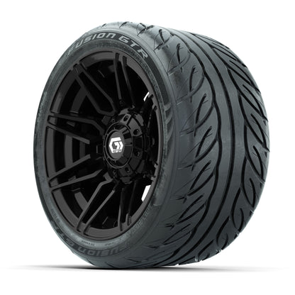 GTW® Stealth Gloss Black 12 in Wheels with 215/40-R12 Fusion GTR Steel Belt Radial Street Tires – Full Set