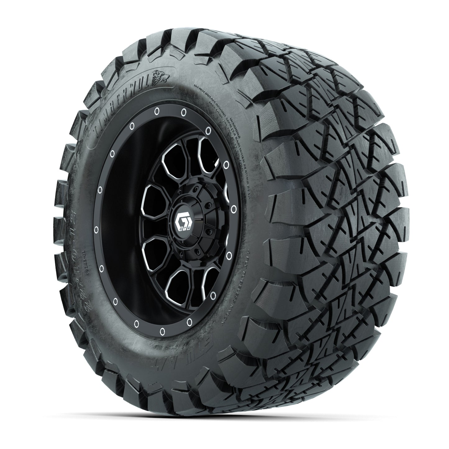 GTW® Volt Black/Machined 12 in Wheels with 22X10-12 Timberwolf All-Terrain Tires – Full Set