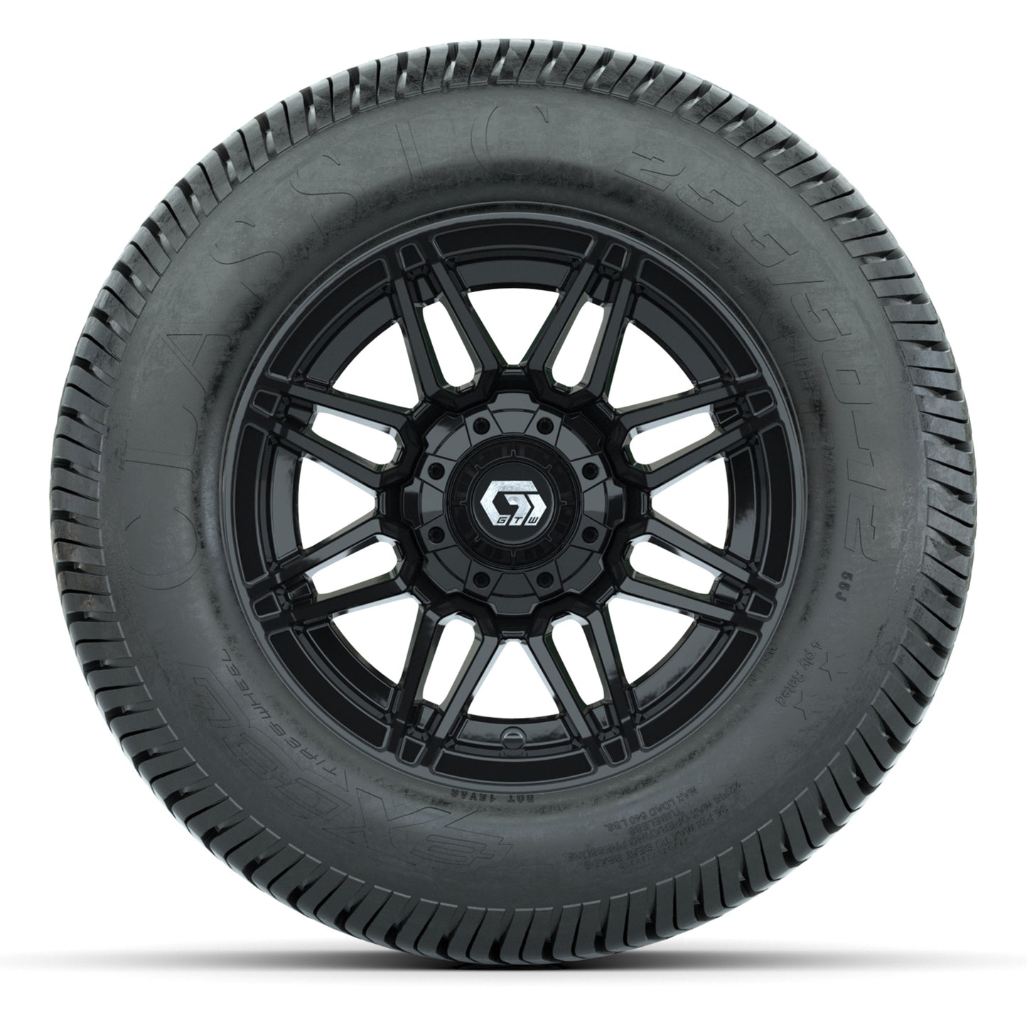 GTW® Stealth Gloss Black 12 in Wheels with 255/50-12 Excel Classic Street Tires – Full Set