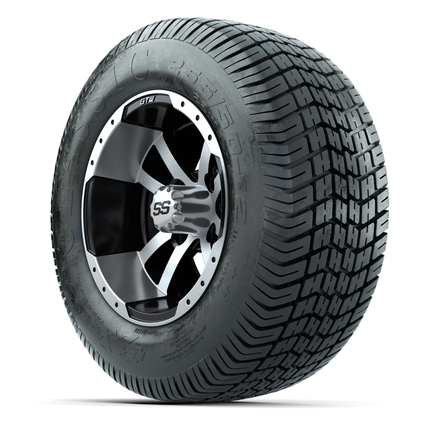 GTW® Storm Trooper Black/Machined 12 in Wheels with 255/50-12 Excel Classic Street Tires – Full Set