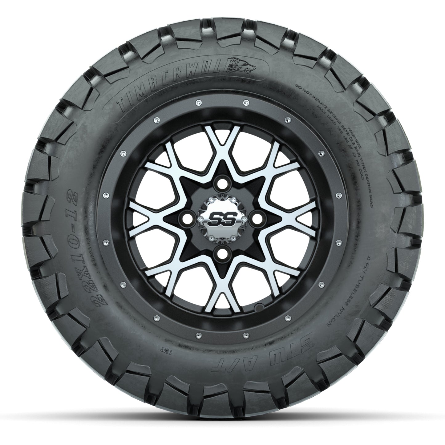 GTW® Vortex 2 Matte Gray/Machined 12 in Wheels with 22X10-12 Timberwolf All-Terrain Tires – Full Set