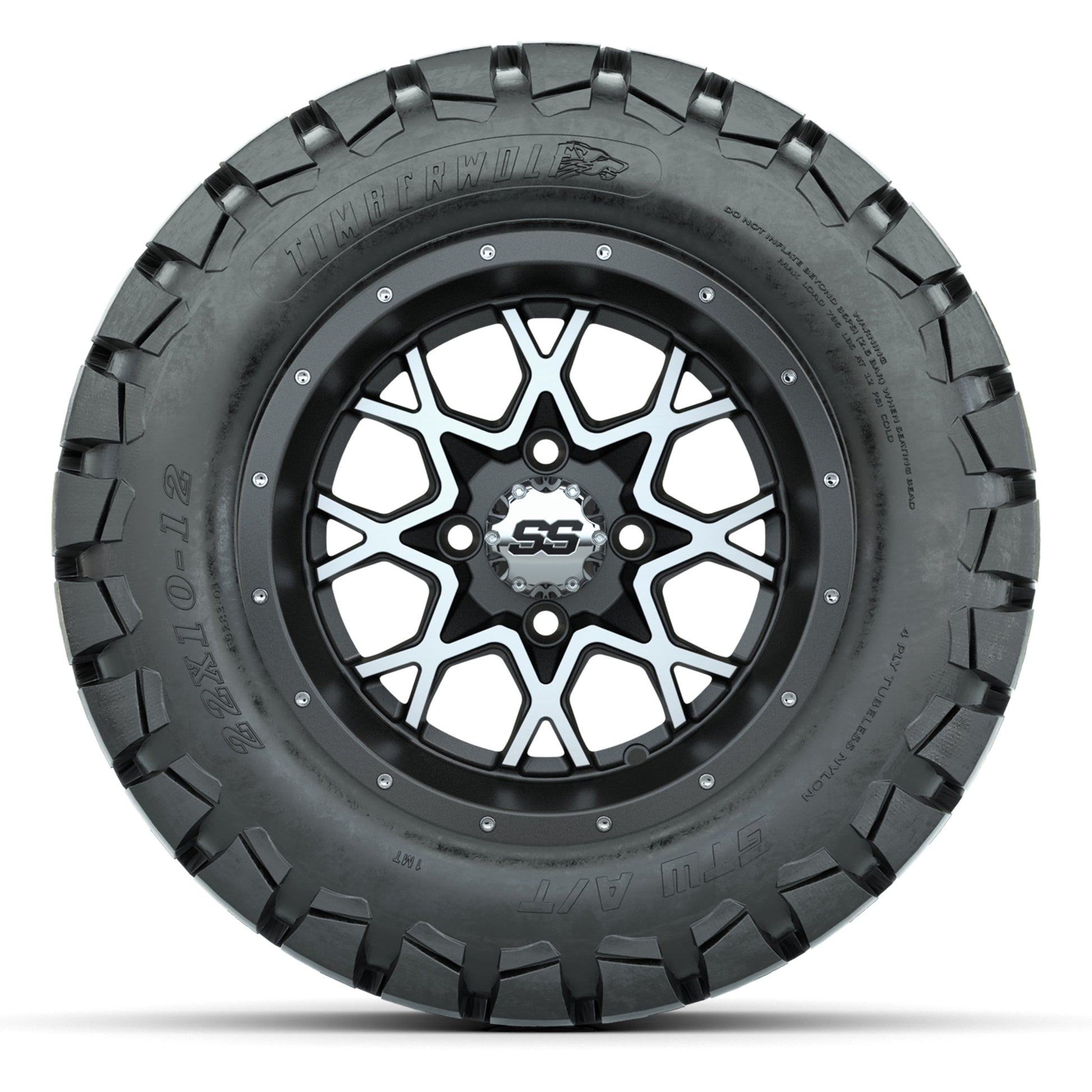 GTW® Vortex 2 Matte Gray/Machined 12 in Wheels with 22X10-12 Timberwolf All-Terrain Tires – Full Set