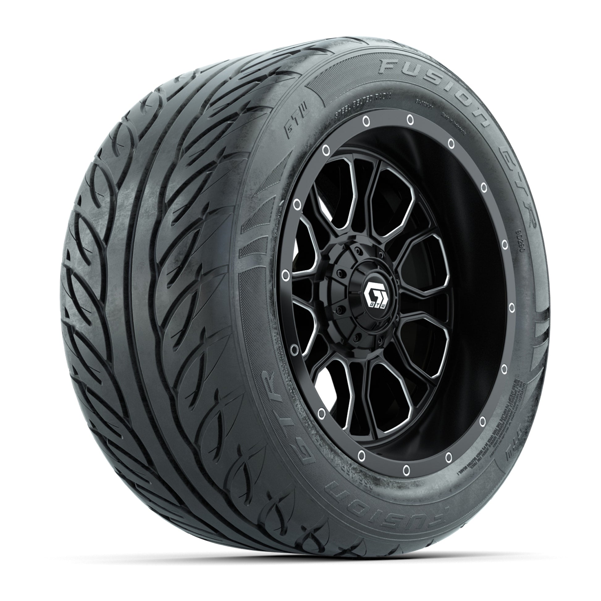 GTW® Volt Black/Machined 14 in Wheels with 255/45-R14 Fusion GTR Steel Belt Radial Street Tires – Full Set