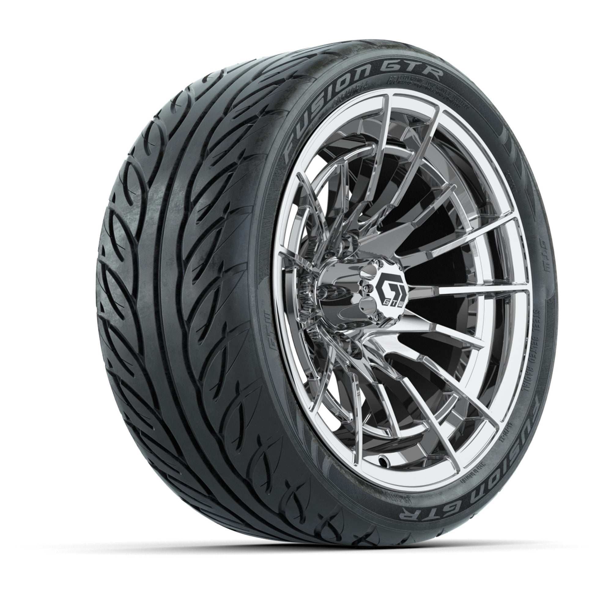 GTW® Boost Chrome 14 in Wheels with 205/40-R14 Fusion GTR Steel Belted Street Tires – Full Set