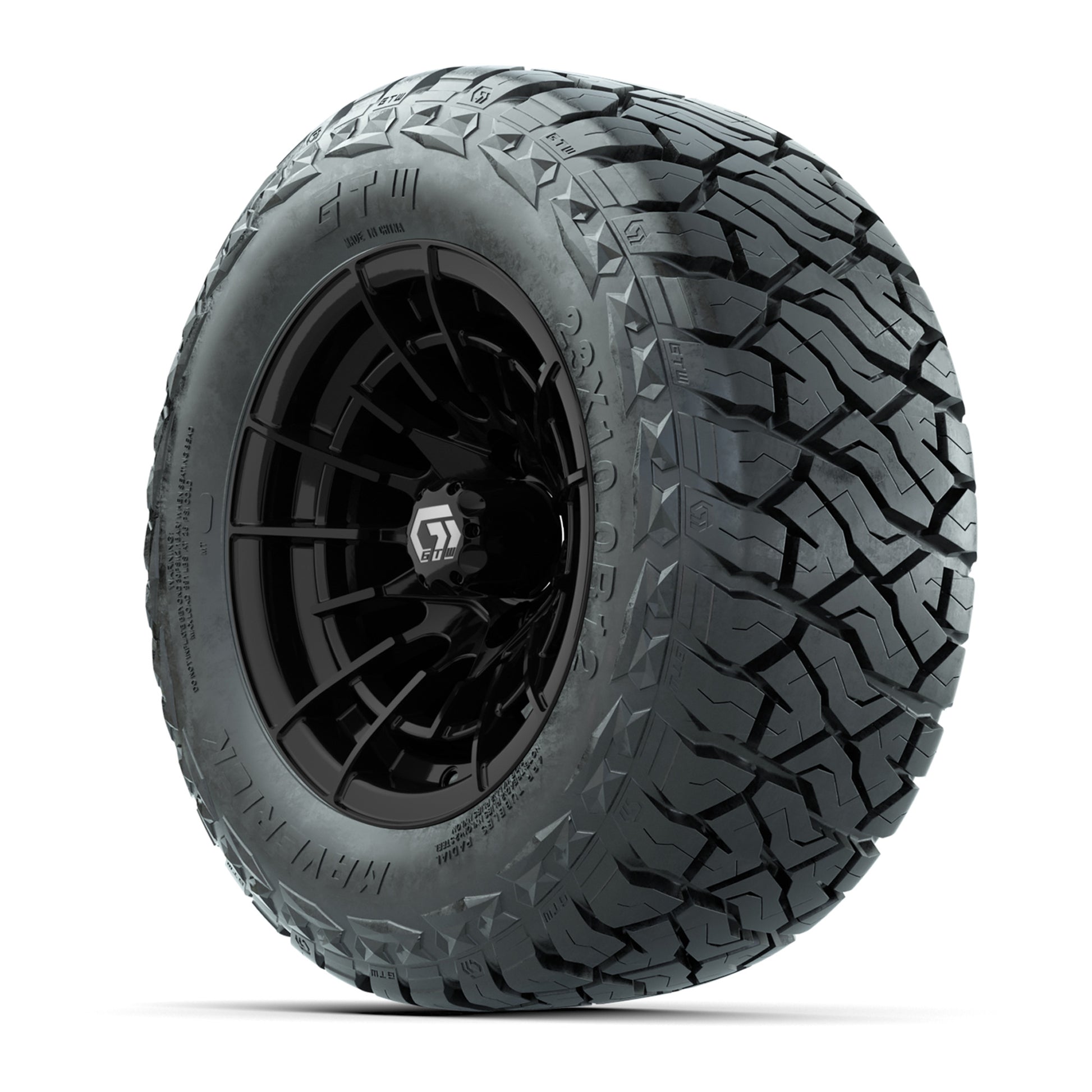 GTW Boost Gloss Black 12 in Wheels with 23x10.00-R12 Maverick All-Terrain Tires – Full Set