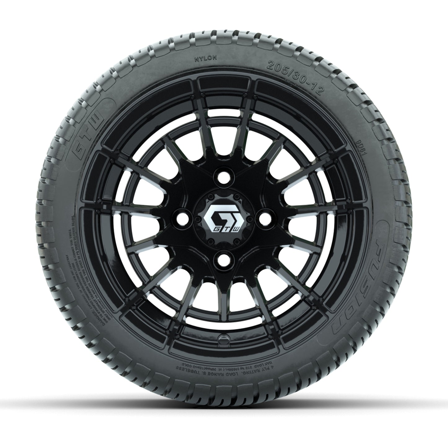 GTW® Boost Gloss Black 12 in Wheels with 205/30-12 Fusion Street Tires - Full Set