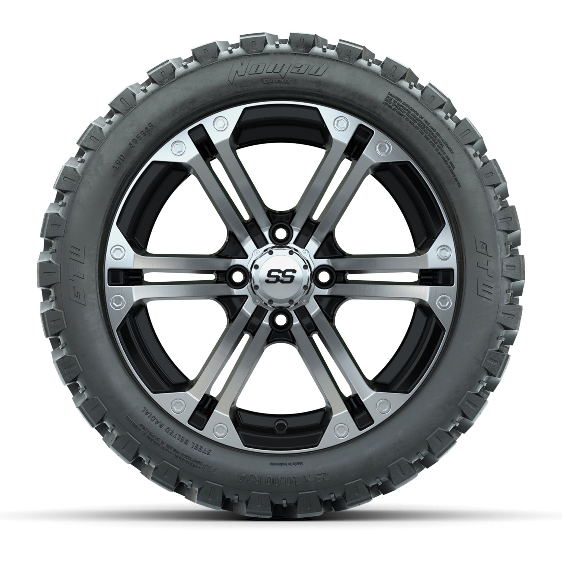 GTW® Specter Black/Machined 14 in Wheels with 23X10-R14 Nomad Steel Belt Radial All-Terrain Tires – Full Set