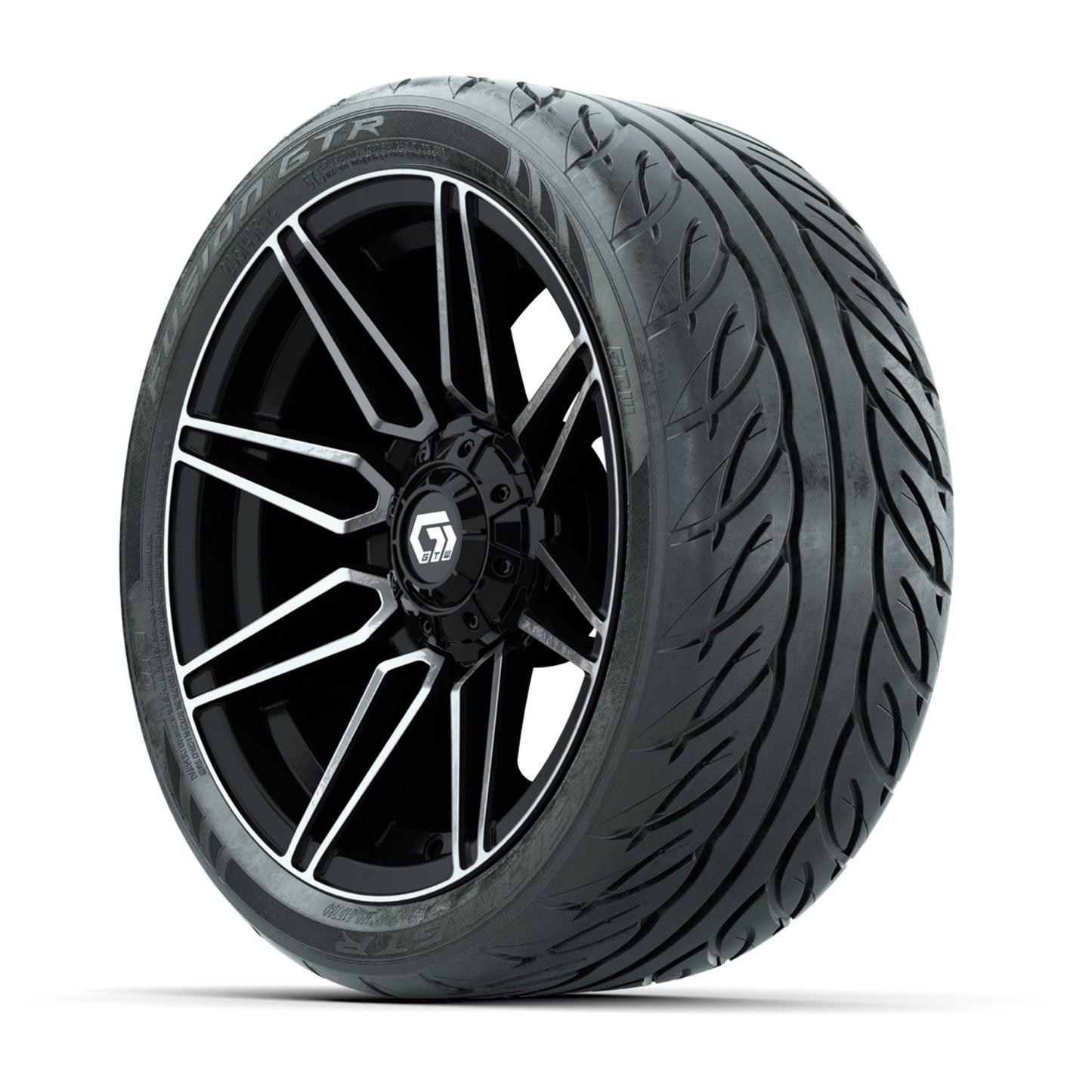 GTW® Stealth Gloss Black/Machined 14 in Wheels with 205/40-R14 Fusion GTR Steel Belted Street Tires – Full Set