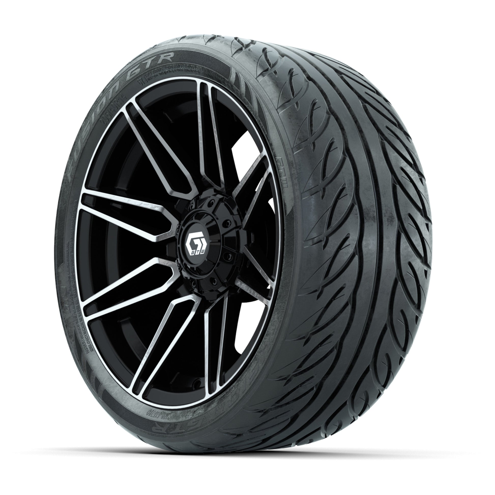 GTW® Stealth Gloss Black/Machined 14 in Wheels with 205/40-R14 Fusion GTR Steel Belted Street Tires – Full Set