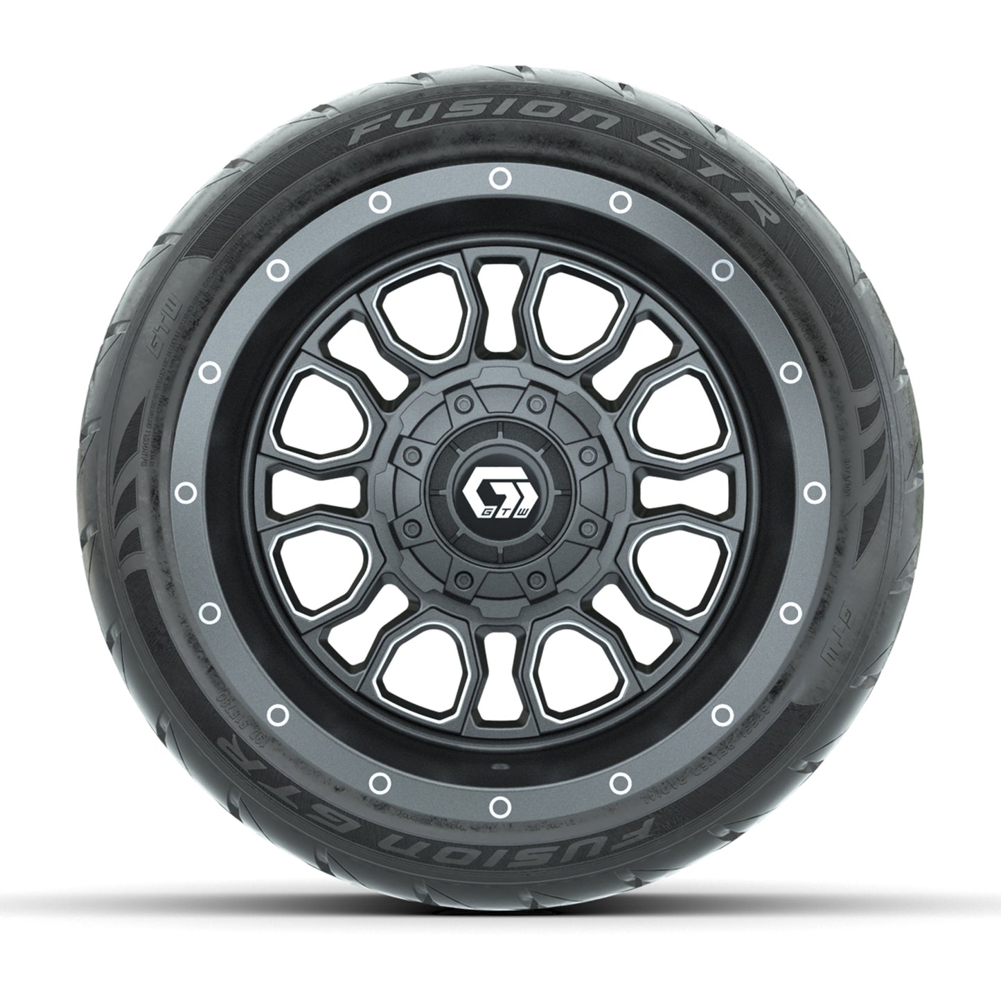 GTW® Volt Gunmetal 12 in Wheels with 215/40-R12 Fusion GTR Steel Belt Radial Street Tires – Full Set