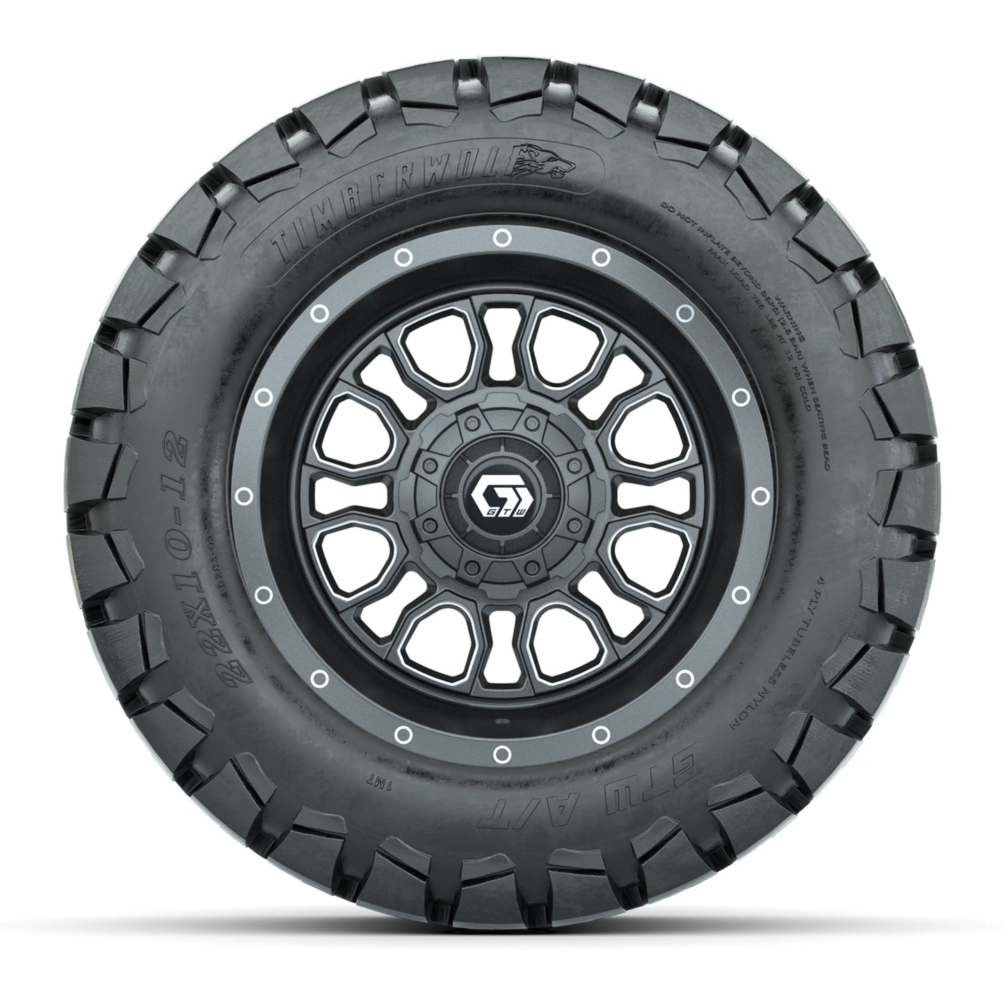 GTW® Volt Gunmetal 12 in Wheels with 22X10-12 Timberwolf All-Terrain Tires – Full Set
