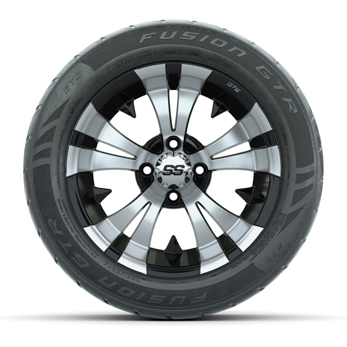 GTW® Vampire Black/Machined 14 in Wheels with 255/45-R14 Fusion GTR Steel Belt Radial Street Tires – Full Set