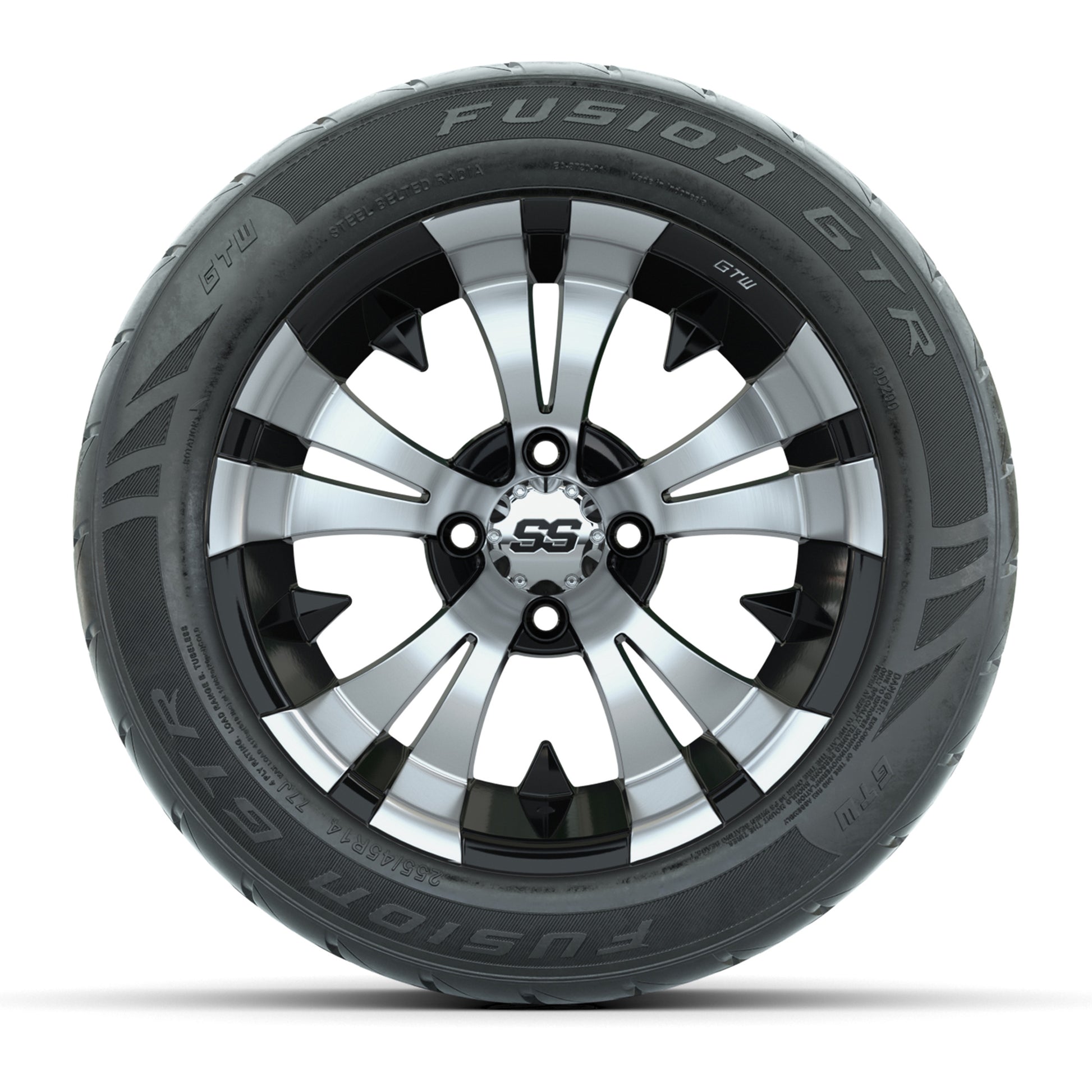 GTW® Vampire Black/Machined 14 in Wheels with 255/45-R14 Fusion GTR Steel Belt Radial Street Tires – Full Set