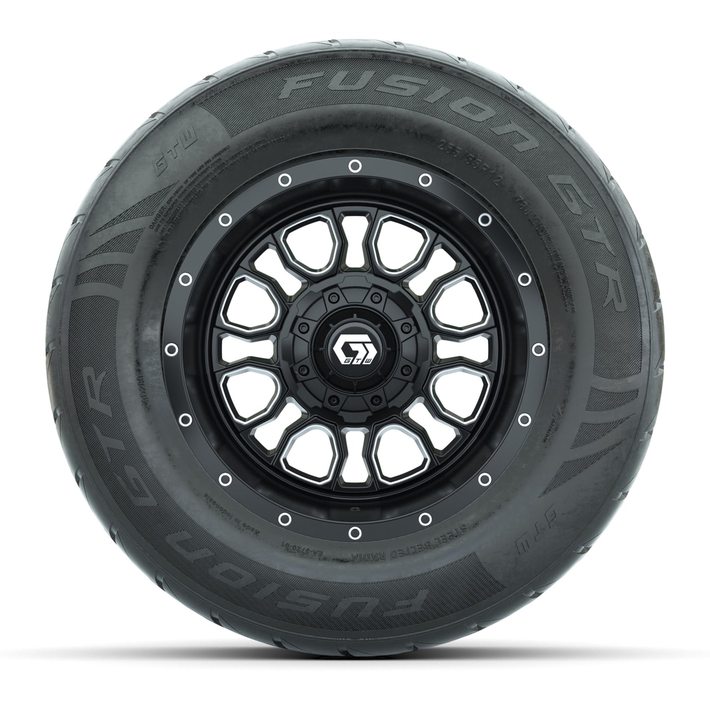 GTW® Volt Black/Machined 12 in Wheels with 255/55-R12 Fusion GTR Steel Belt Radial Street Tires – Full Set