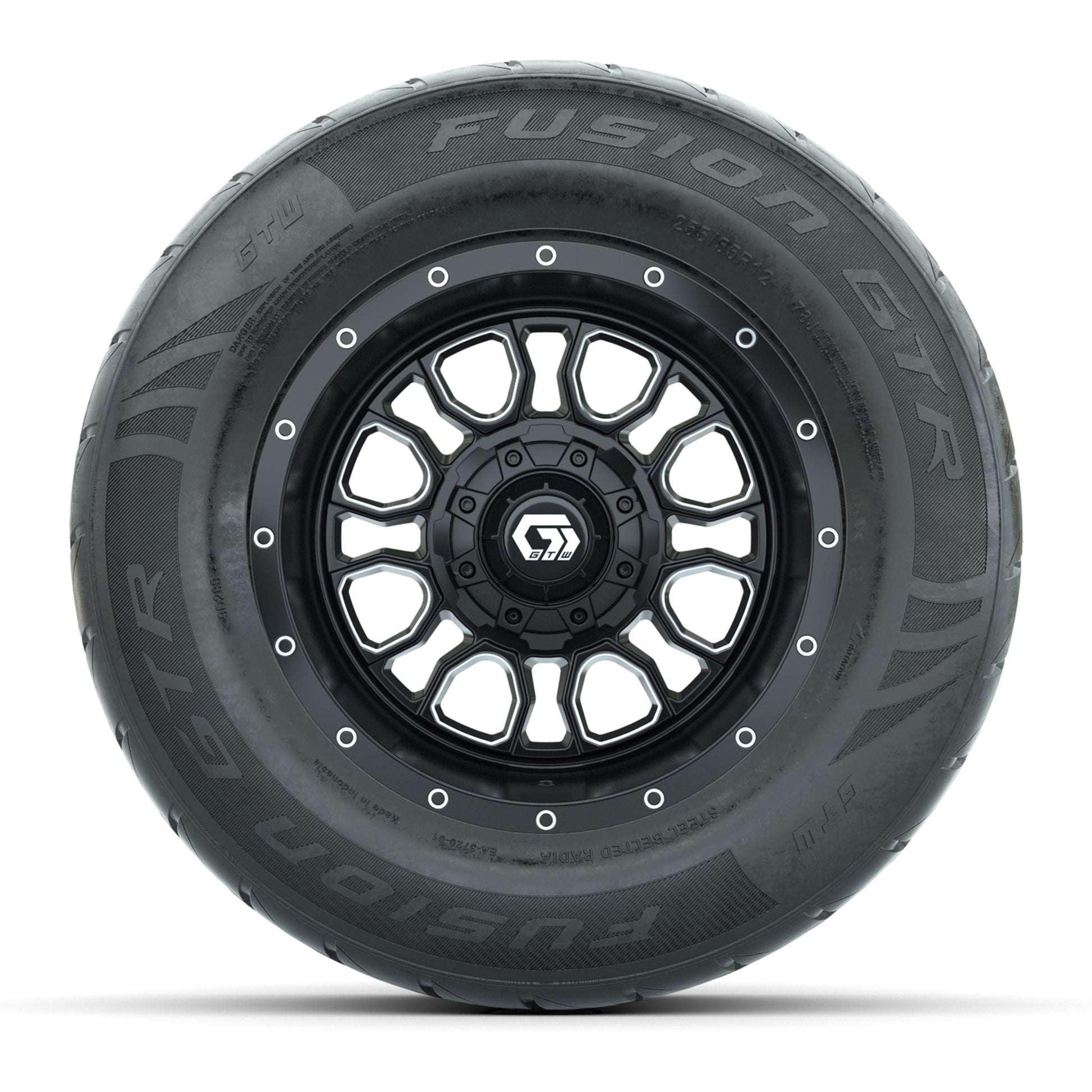 GTW® Volt Black/Machined 12 in Wheels with 255/55-R12 Fusion GTR Steel Belt Radial Street Tires – Full Set