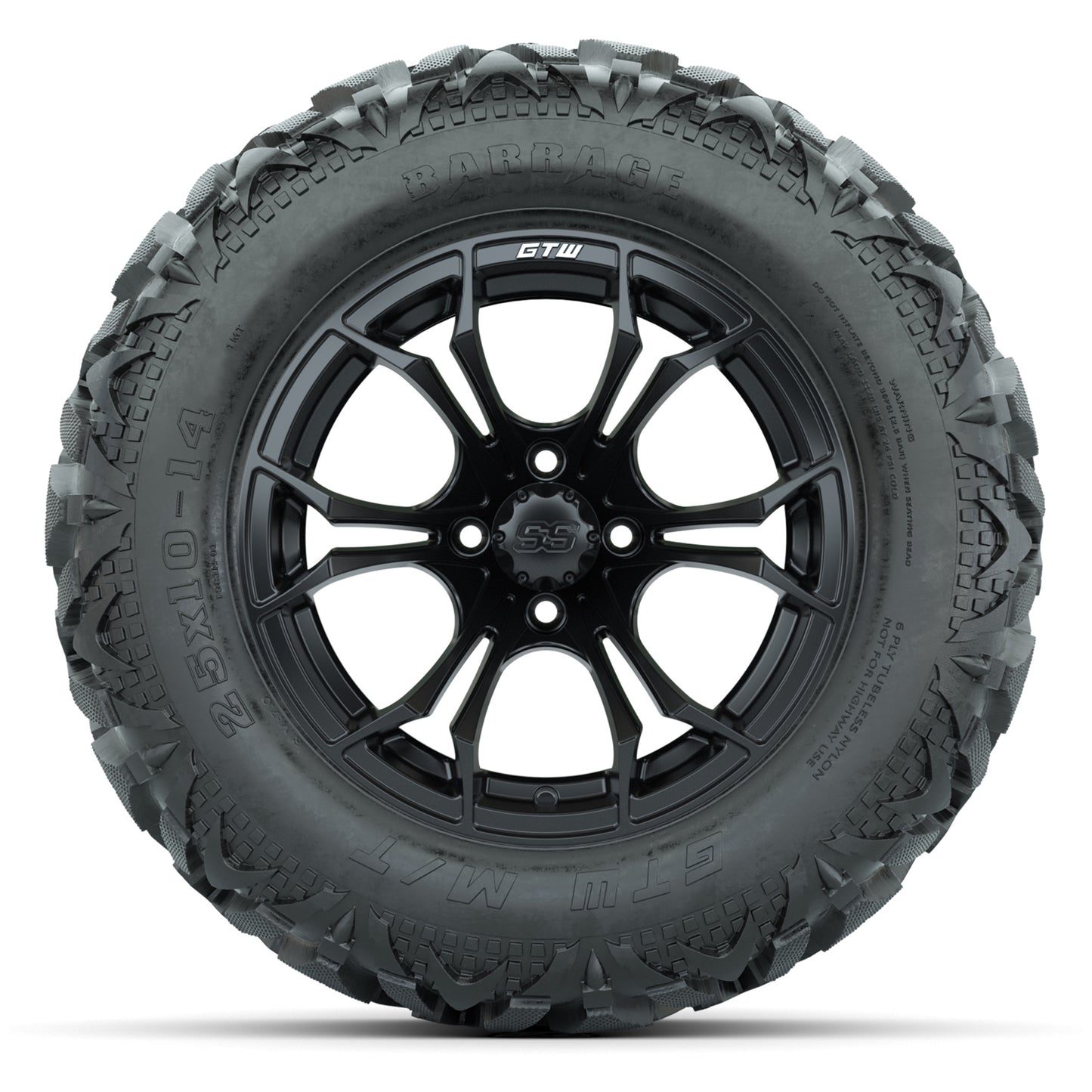 GTW Spyder Matte Black 14 in Wheels with 25x10-14 Barrage Mud Tires – Full Set