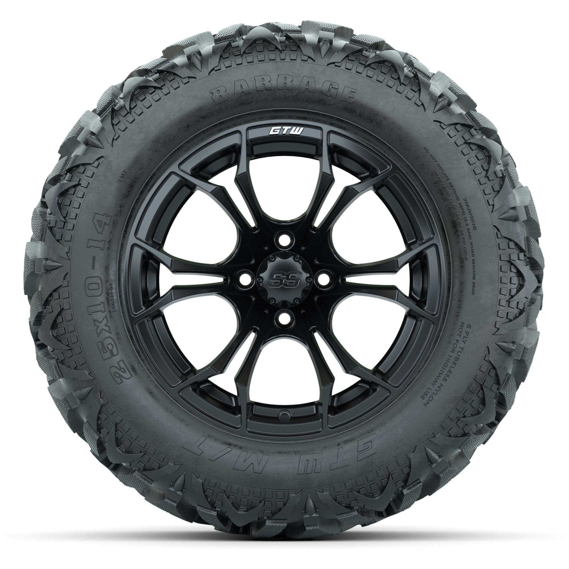 GTW Spyder Matte Black 14 in Wheels with 25x10-14 Barrage Mud Tires – Full Set