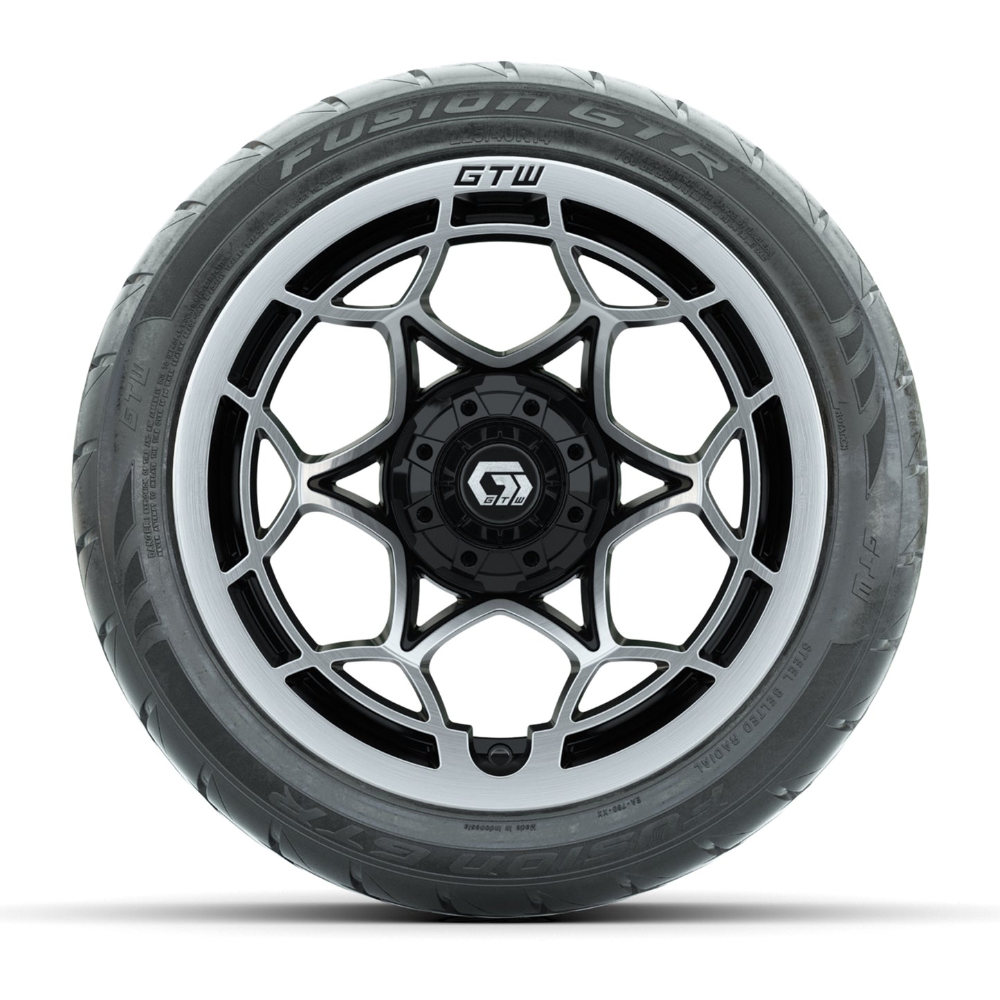 GTW® Nexus Black with Silver Face 14 in Wheels with 225/40-R14 Fusion GTR Steel Belt Radial Street Tires – Full Set