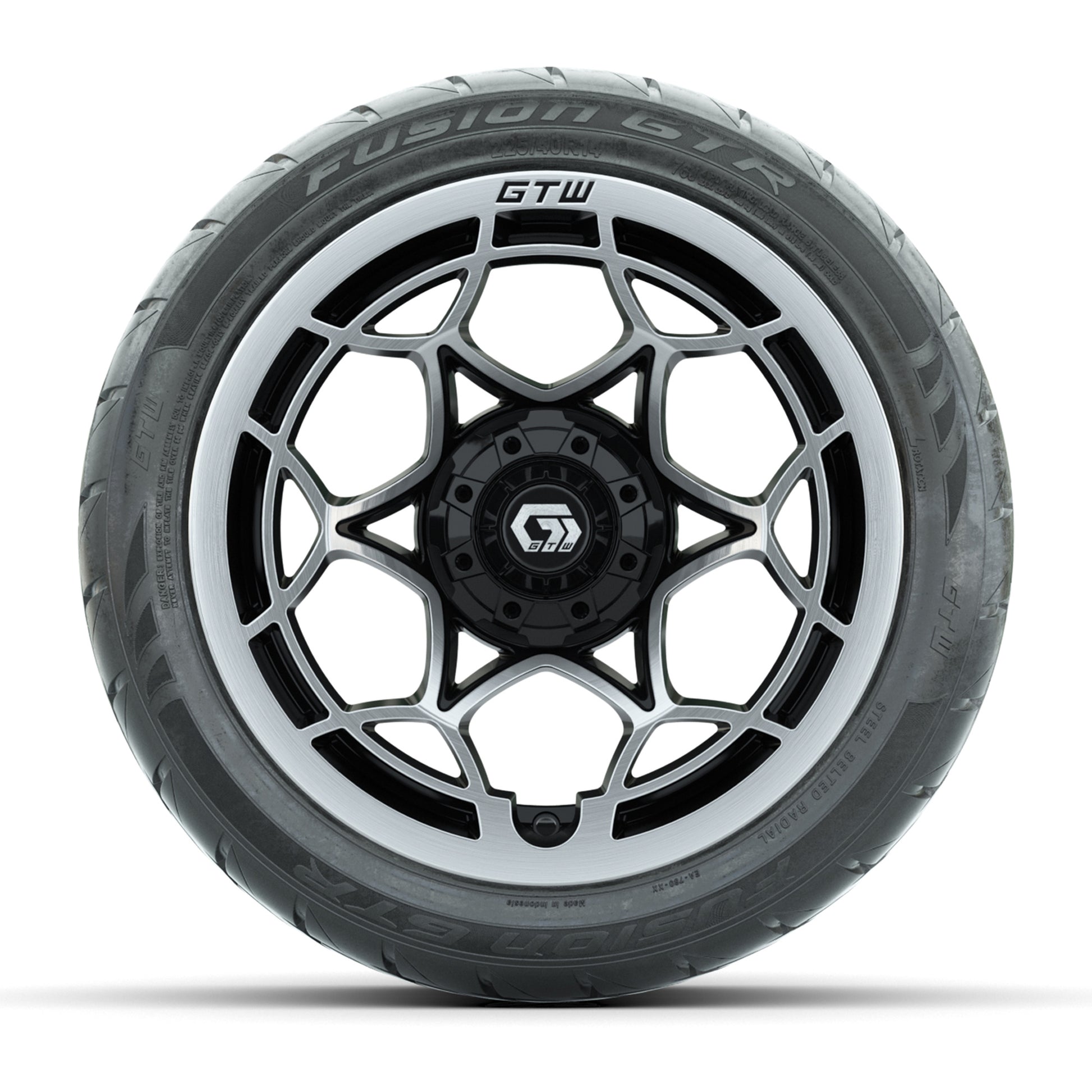 GTW® Nexus Black with Silver Face 14 in Wheels with 225/40-R14 Fusion GTR Steel Belt Radial Street Tires – Full Set