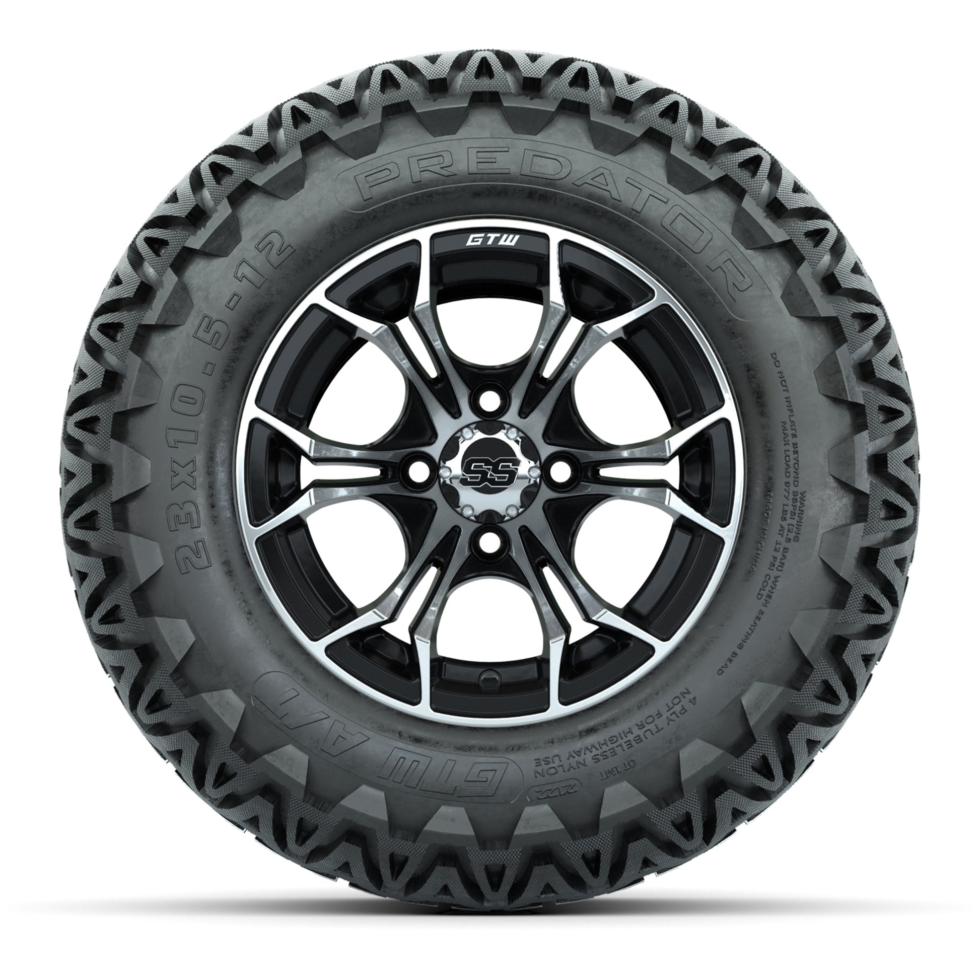 Set of 4 GTW Spyder Black and Machined Wheels with Predator A-T Tires - 12 Inch