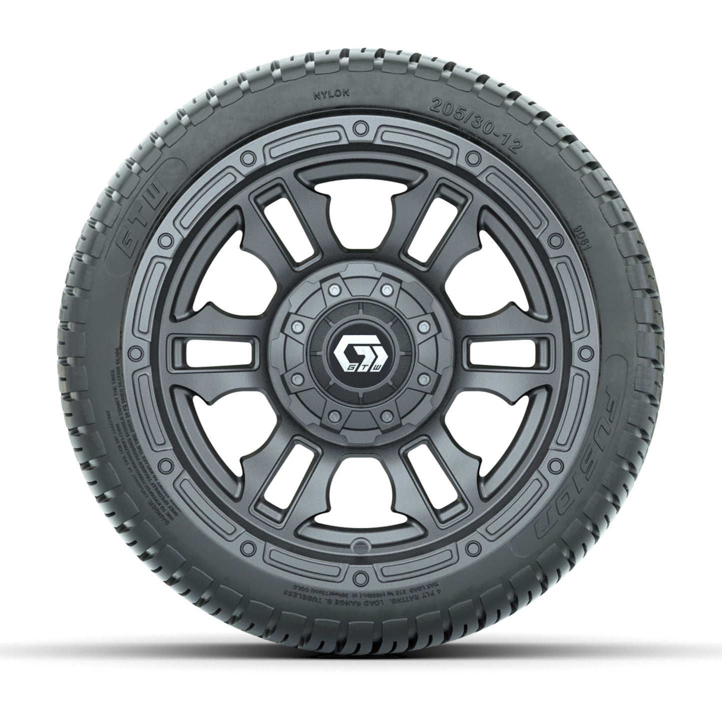 GTW® Shogun Gunmetal 12 in Wheels with 205/30-12 Fusion Street Tires – Full Set