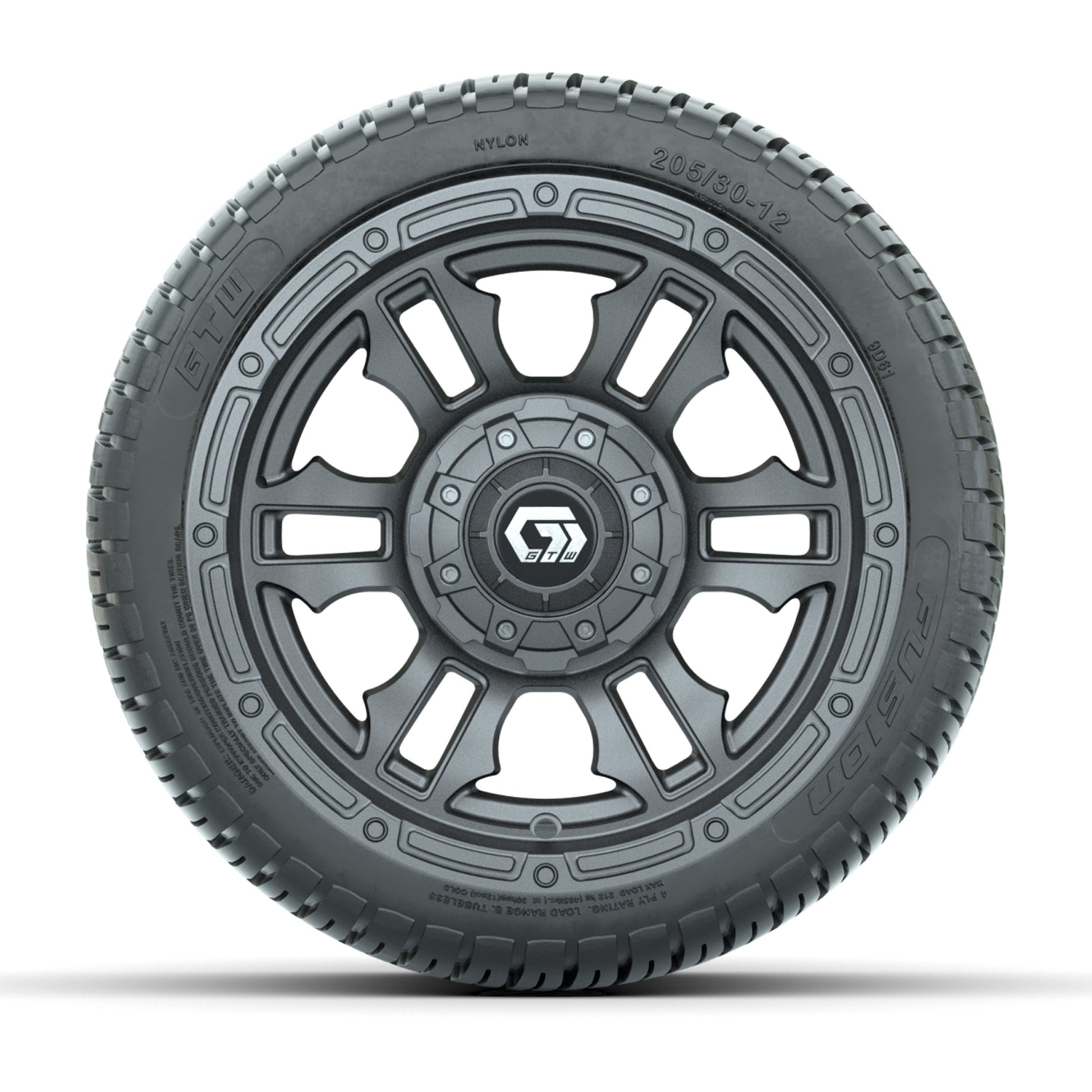 GTW® Shogun Gunmetal 12 in Wheels with 205/30-12 Fusion Street Tires – Full Set
