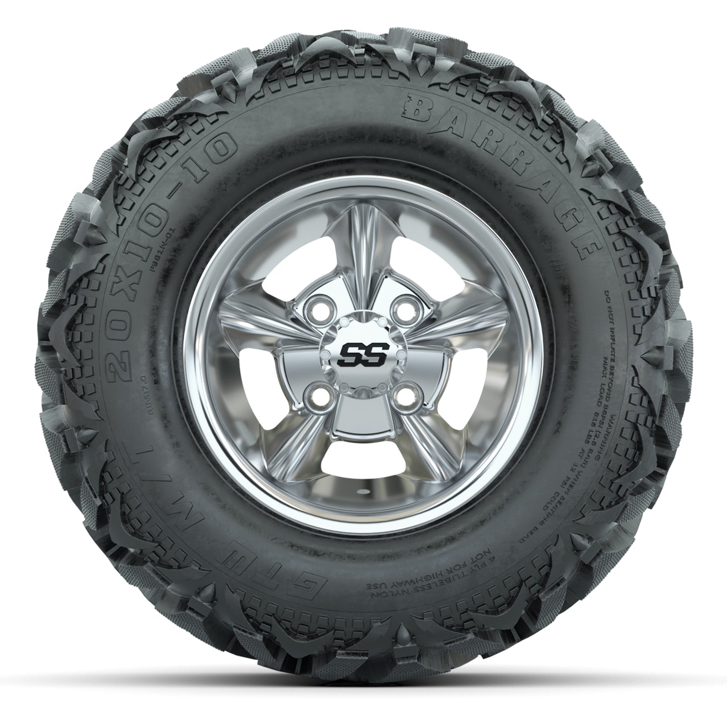 GTW Godfather Chrome 10 in Wheels with 20x10-10 Barrage Mud Tires – Full Set