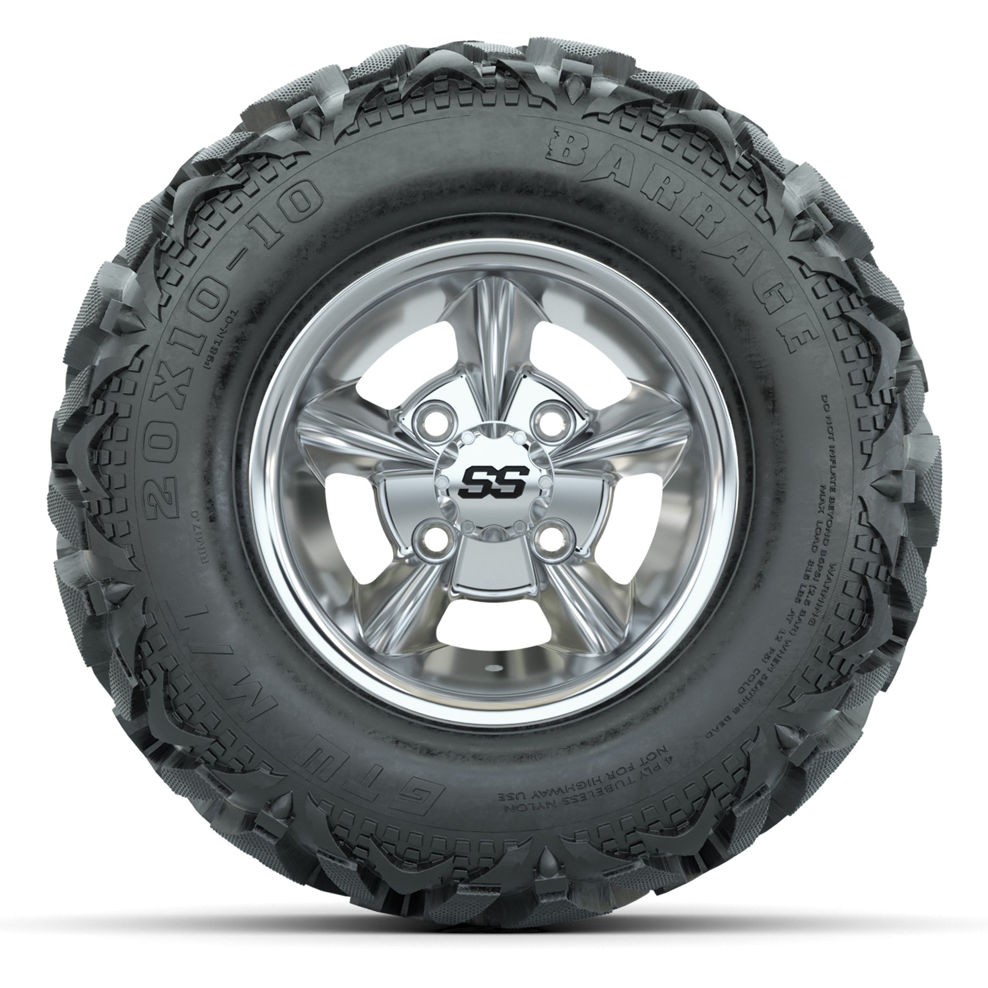 GTW Godfather Chrome 10 in Wheels with 20x10-10 Barrage Mud Tires – Full Set