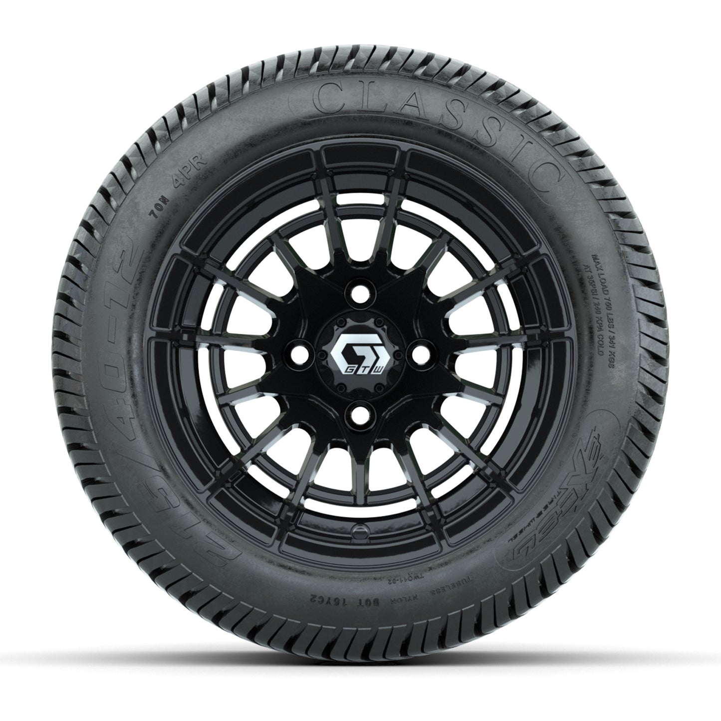 GTW® Boost Gloss Black 12 in Wheels with 215/40-12 Excel Classic Street Tires – Full Set