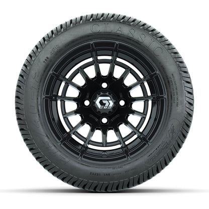 GTW® Boost Gloss Black 12 in Wheels with 215/40-12 Excel Classic Street Tires – Full Set