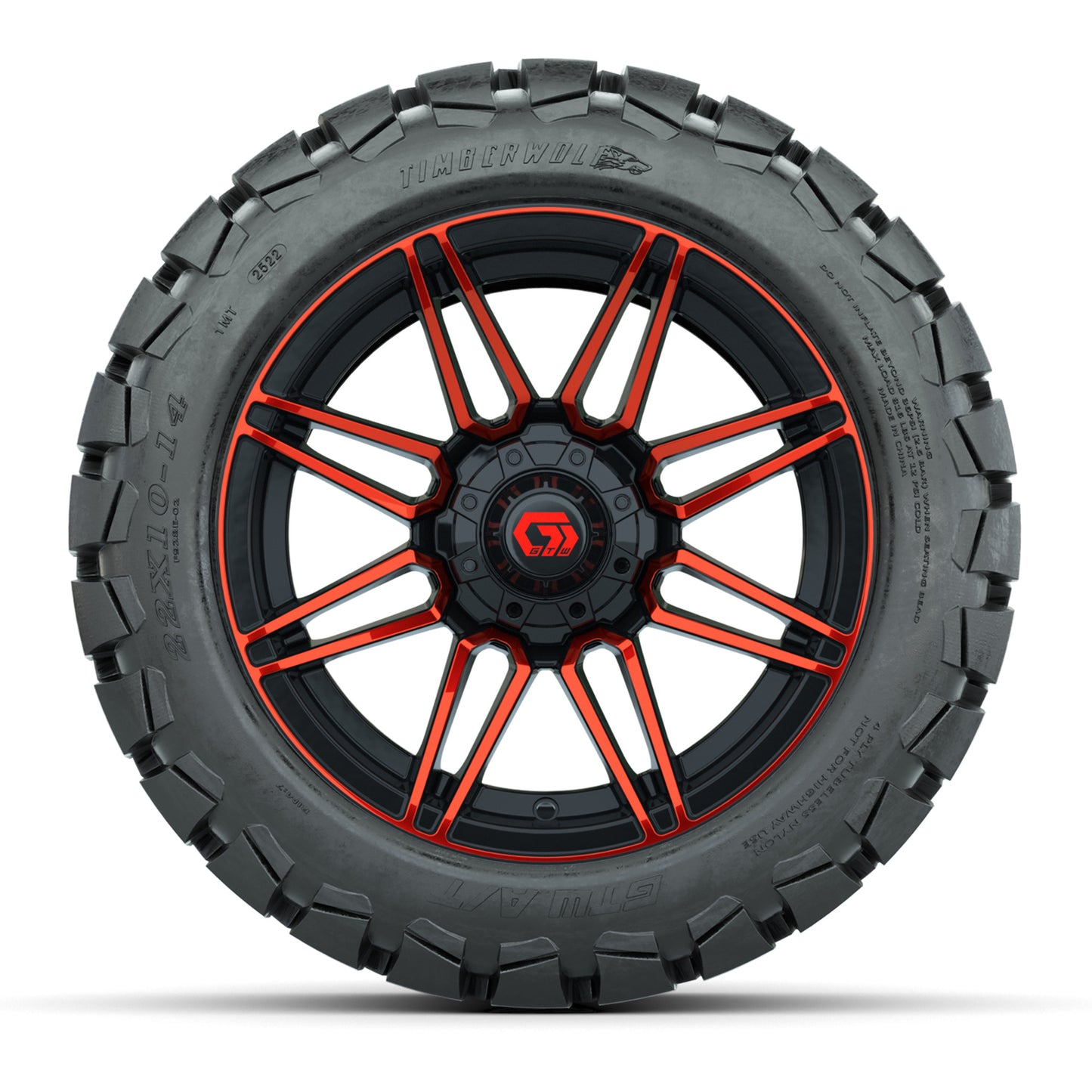 GTW® Stealth Gloss Black/Red 14 in Wheels with 22x10-14 Timberwolf All-Terrain Tires – Full Set
