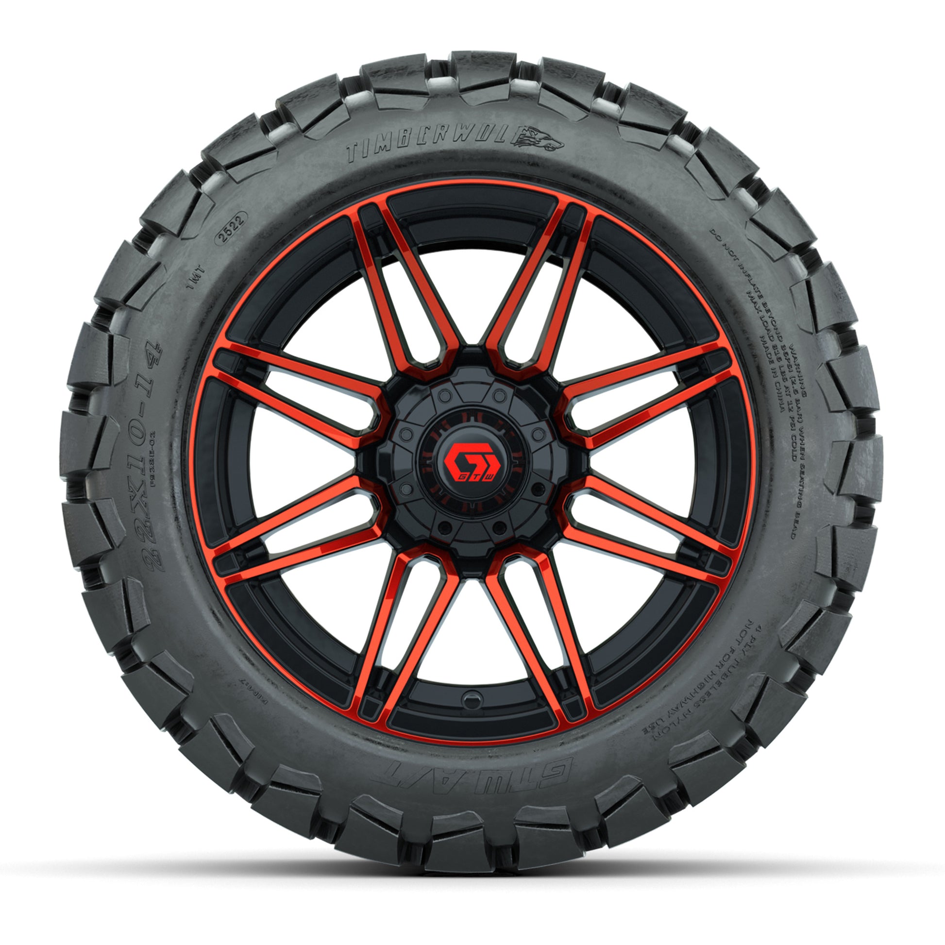 GTW® Stealth Gloss Black/Red 14 in Wheels with 22x10-14 Timberwolf All-Terrain Tires – Full Set