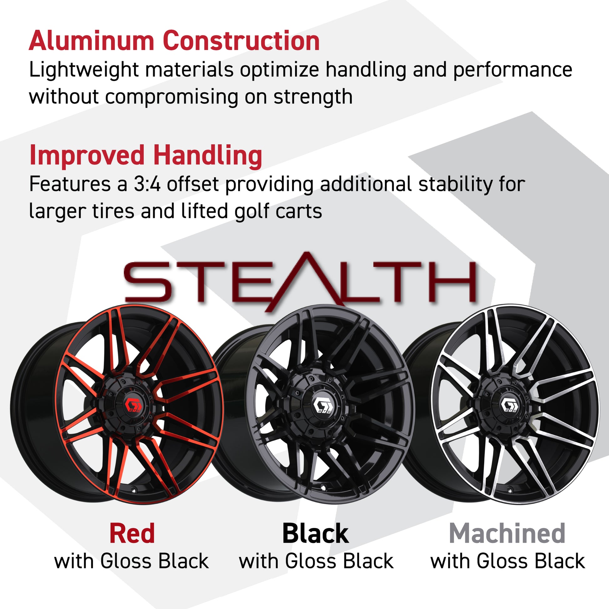 GTW® Stealth Red/Machined 12 in Wheels with 215/40-12 Excel Classic Street Tires – Full Set