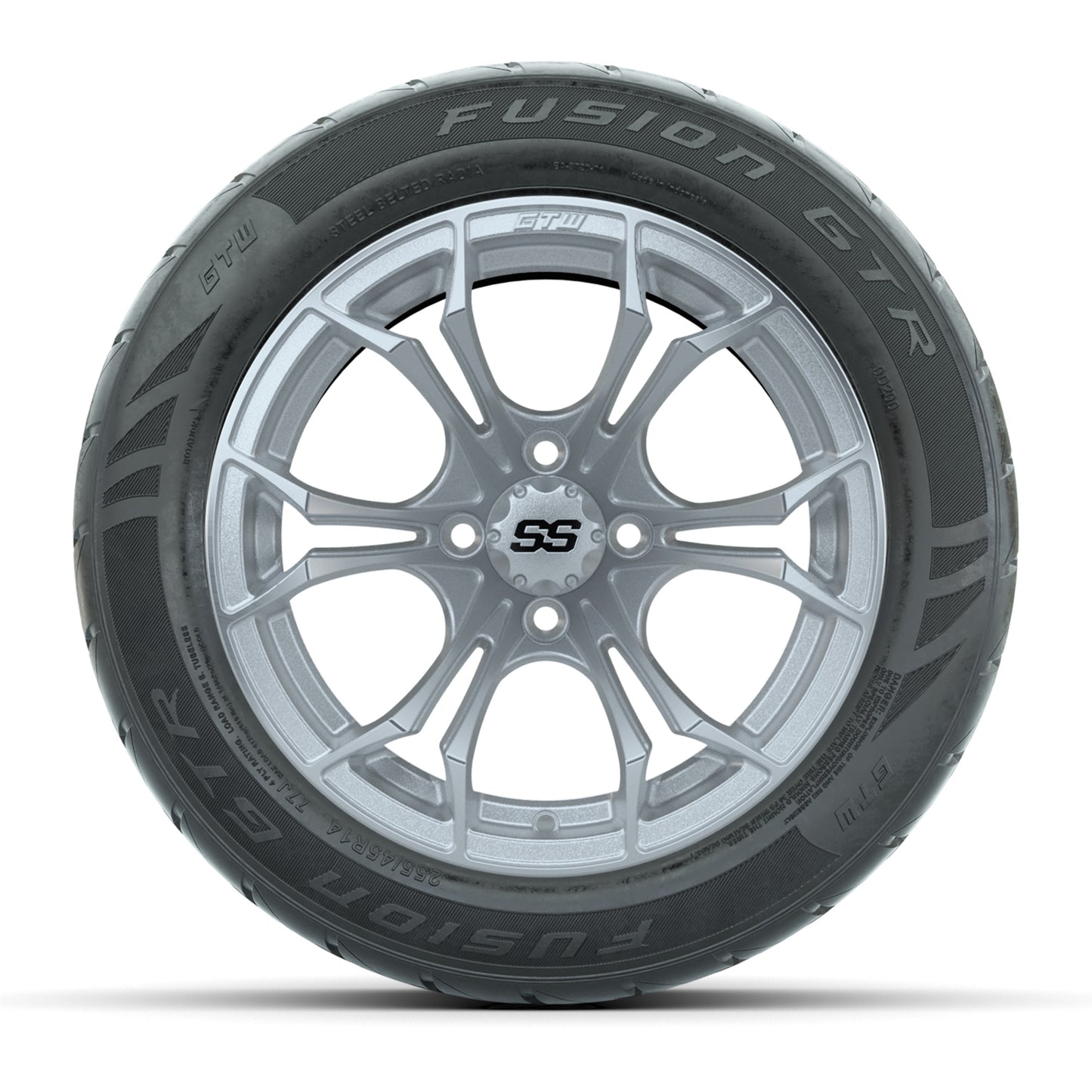 GTW® Spyder Silver Brush 14 in Wheels with 255/45-R14 Fusion GTR Steel Belt Radial Street Tires – Full Set