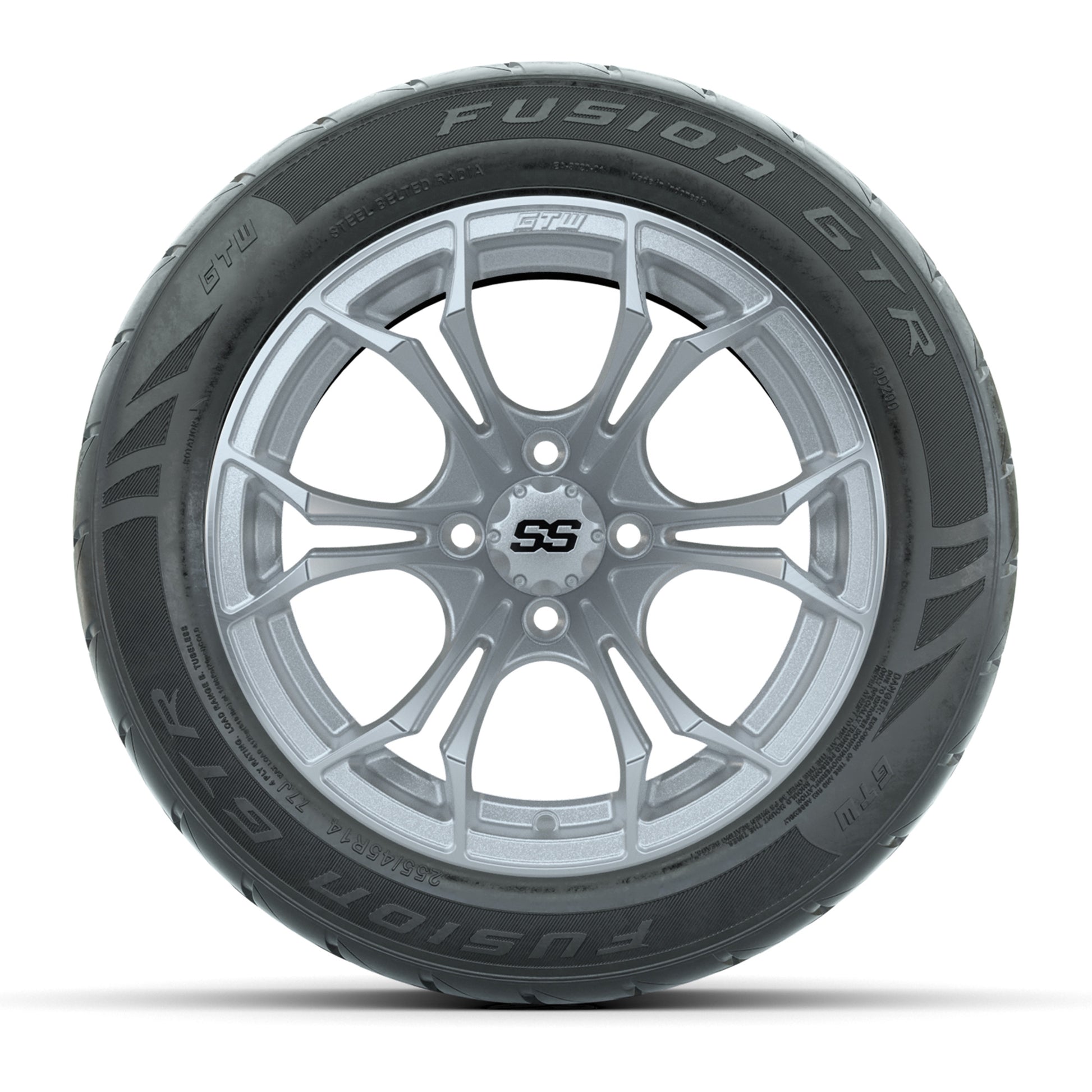 GTW® Spyder Silver Brush 14 in Wheels with 255/45-R14 Fusion GTR Steel Belt Radial Street Tires – Full Set
