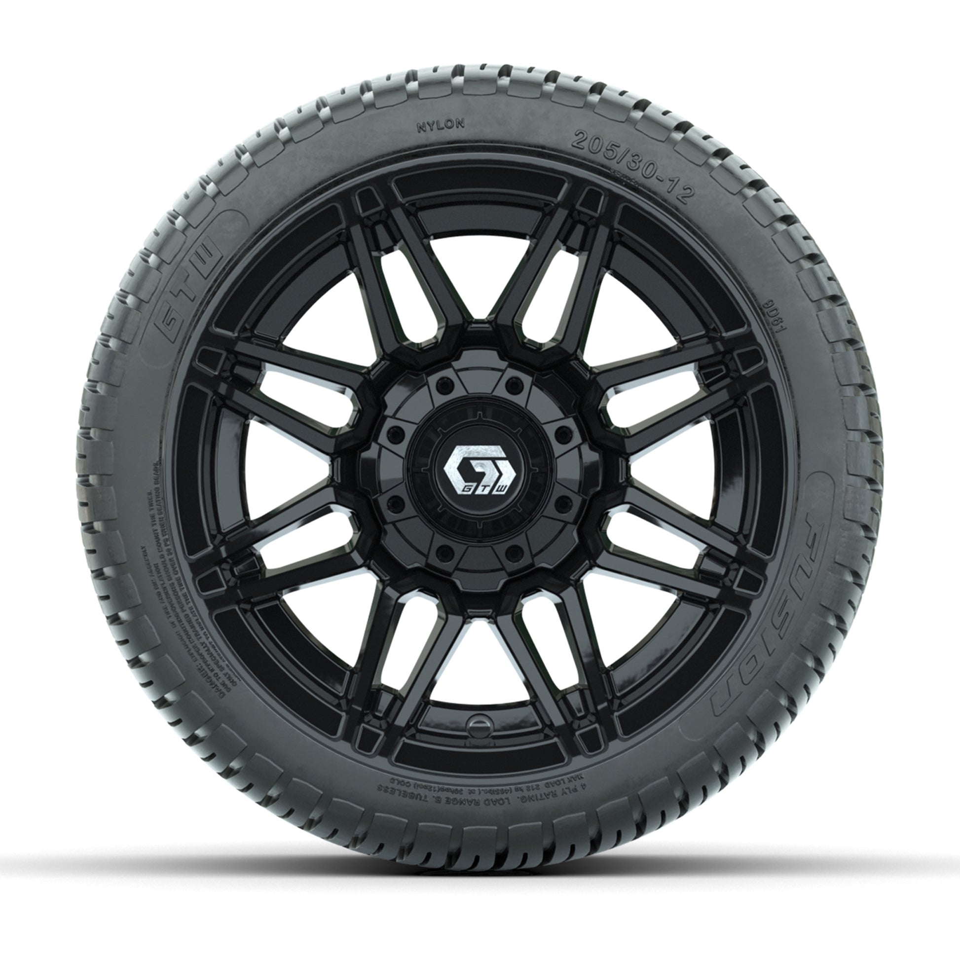 GTW® Stealth Gloss Black 12 in Wheels with 205/30-12 Fusion Street Tires – Full Set