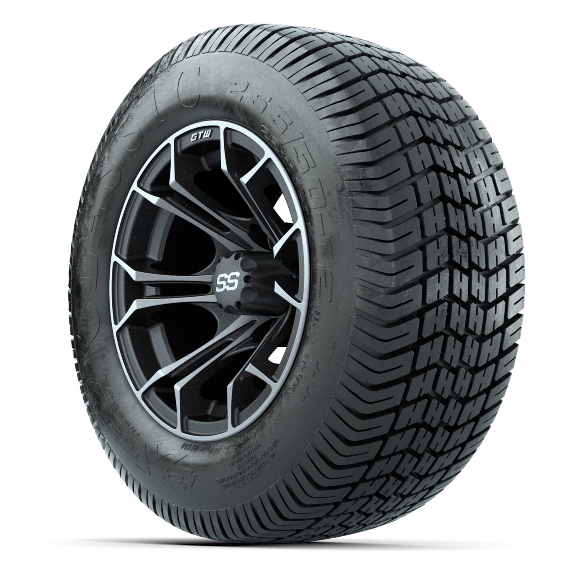 GTW® Spyder Matte Gray/Machined 12 in Wheels with 255/50-12 Excel Classic Street Tires – Full Set