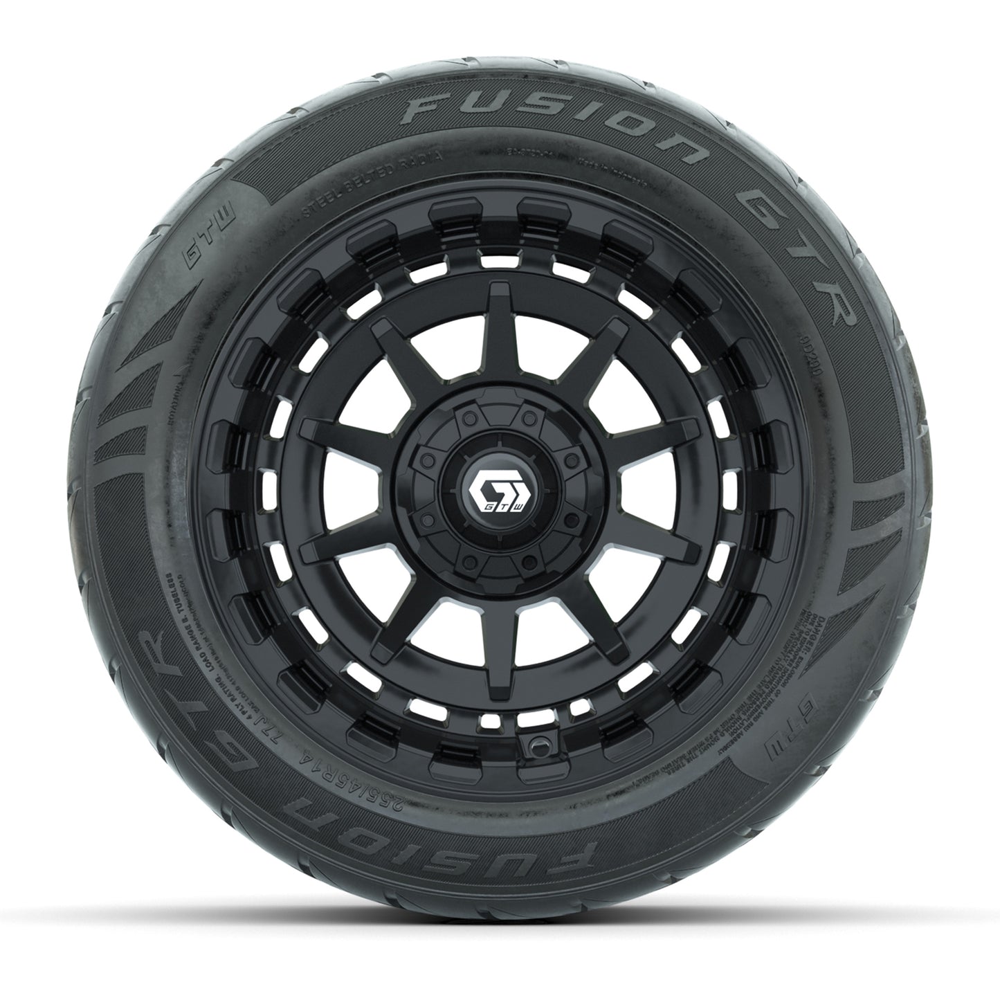 GTW® Barricade Black 14 in Wheels with 255/45-R14 Fusion GTR Steel Belt Radial Street Tires – Full Set