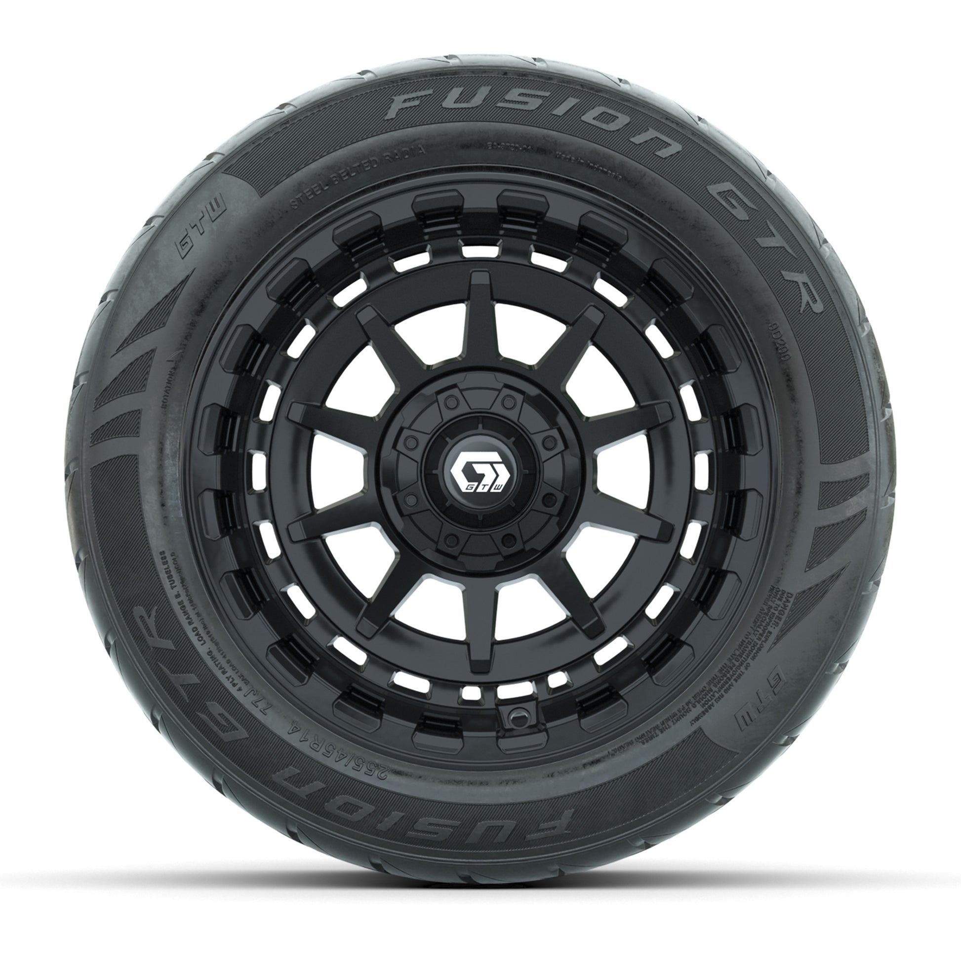 GTW® Barricade Black 14 in Wheels with 255/45-R14 Fusion GTR Steel Belt Radial Street Tires – Full Set